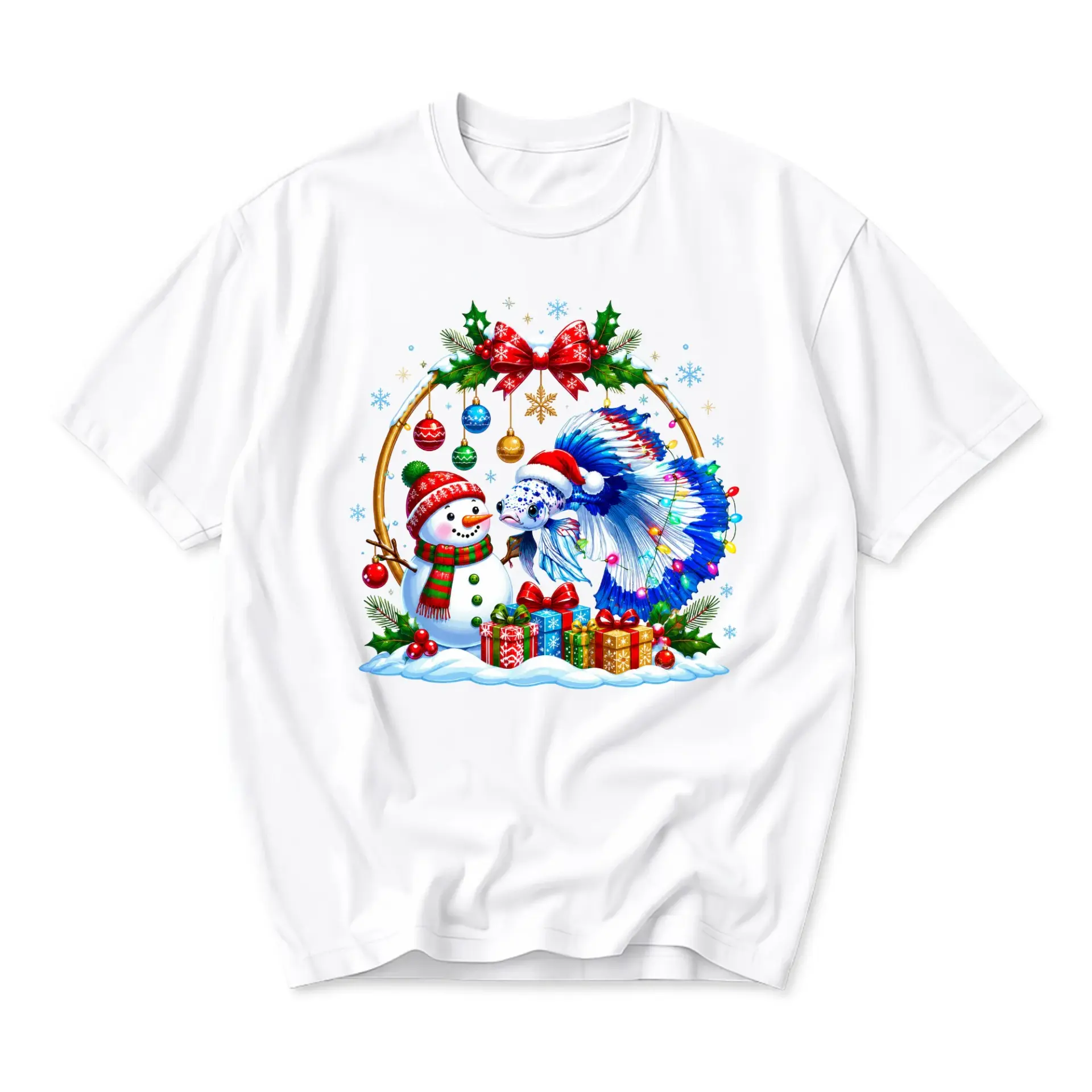 Graphic Tee Unisex Holiday Fish and Snowman Print Soft Cotton Casual Crew