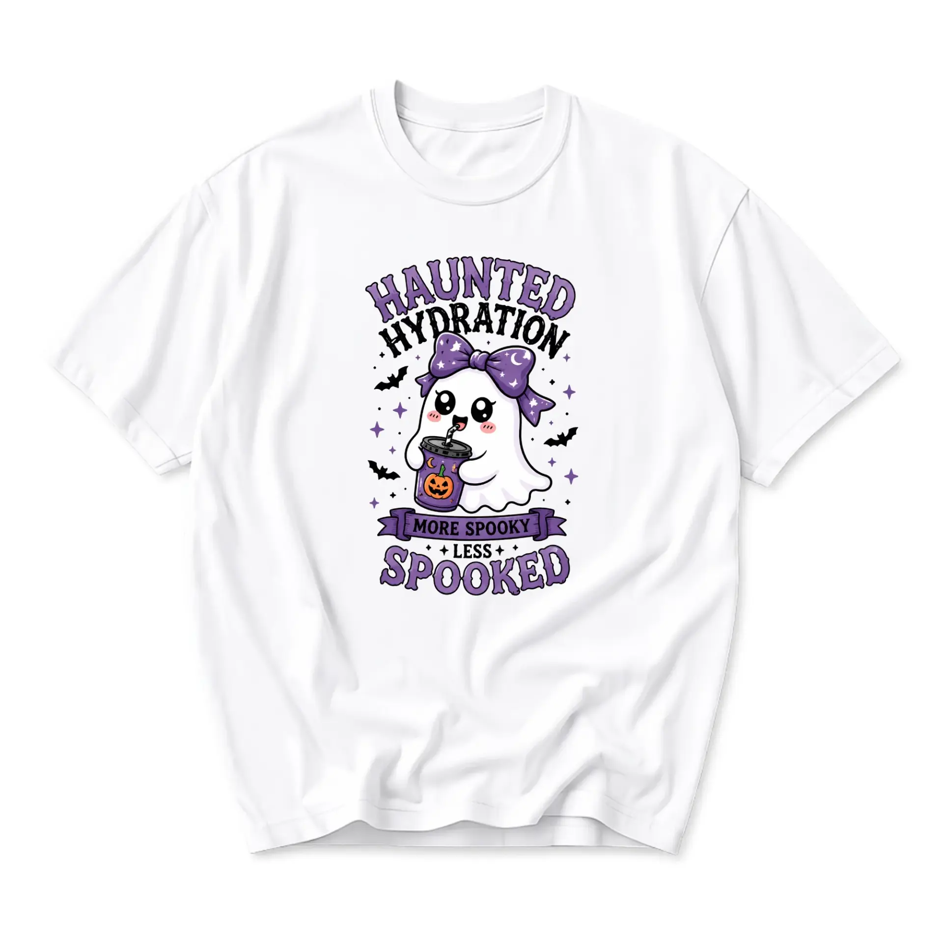 Funny Shirt Haunted Hydration Cute Ghost Drinking Coffee Graphic Tee Unisex Casual Crew Neck Halloween Apparel White