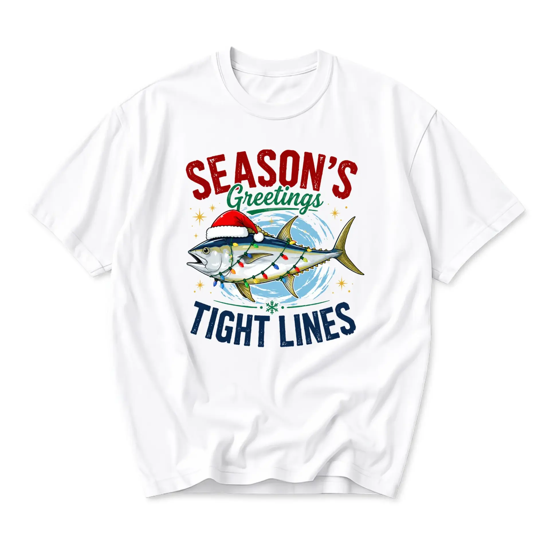 Funny Shirt Season's Greetings Fishing Graphic Tee Holiday Inspired Unisex Short Sleeve Crew Neck T-Shirt