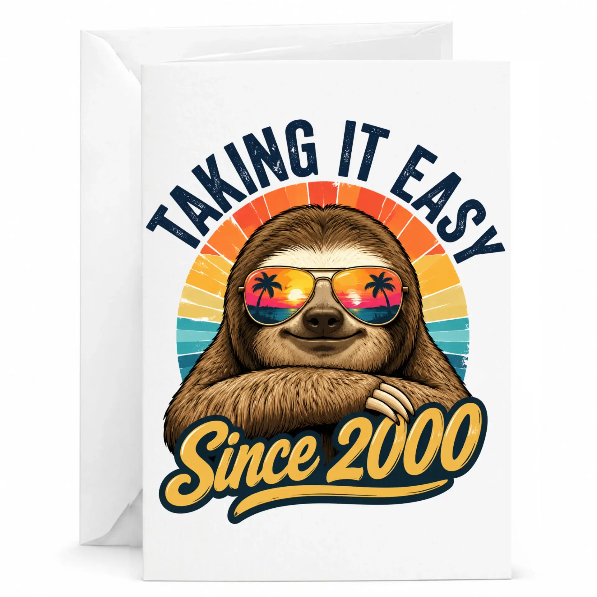 Funny Sloth Greeting Card Taking It Easy Since 2000 Retro Sunset Design Birthday Milestone Anniversary Stationery