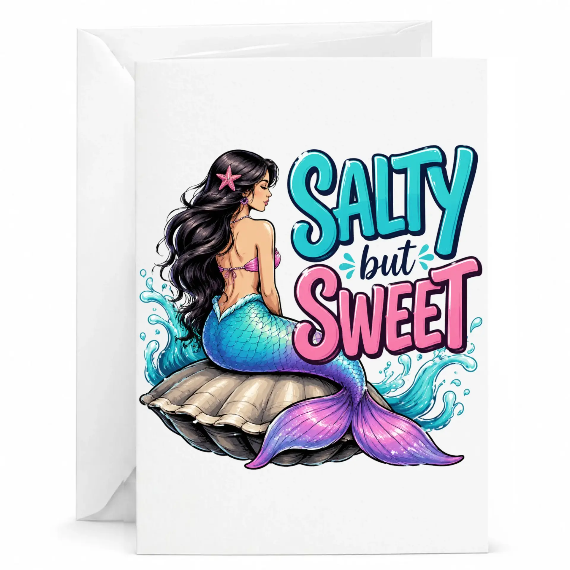 Funny Mermaid Greeting Card Salty but Sweet Illustration for Birthdays or Any Occasion with Included White Envelope