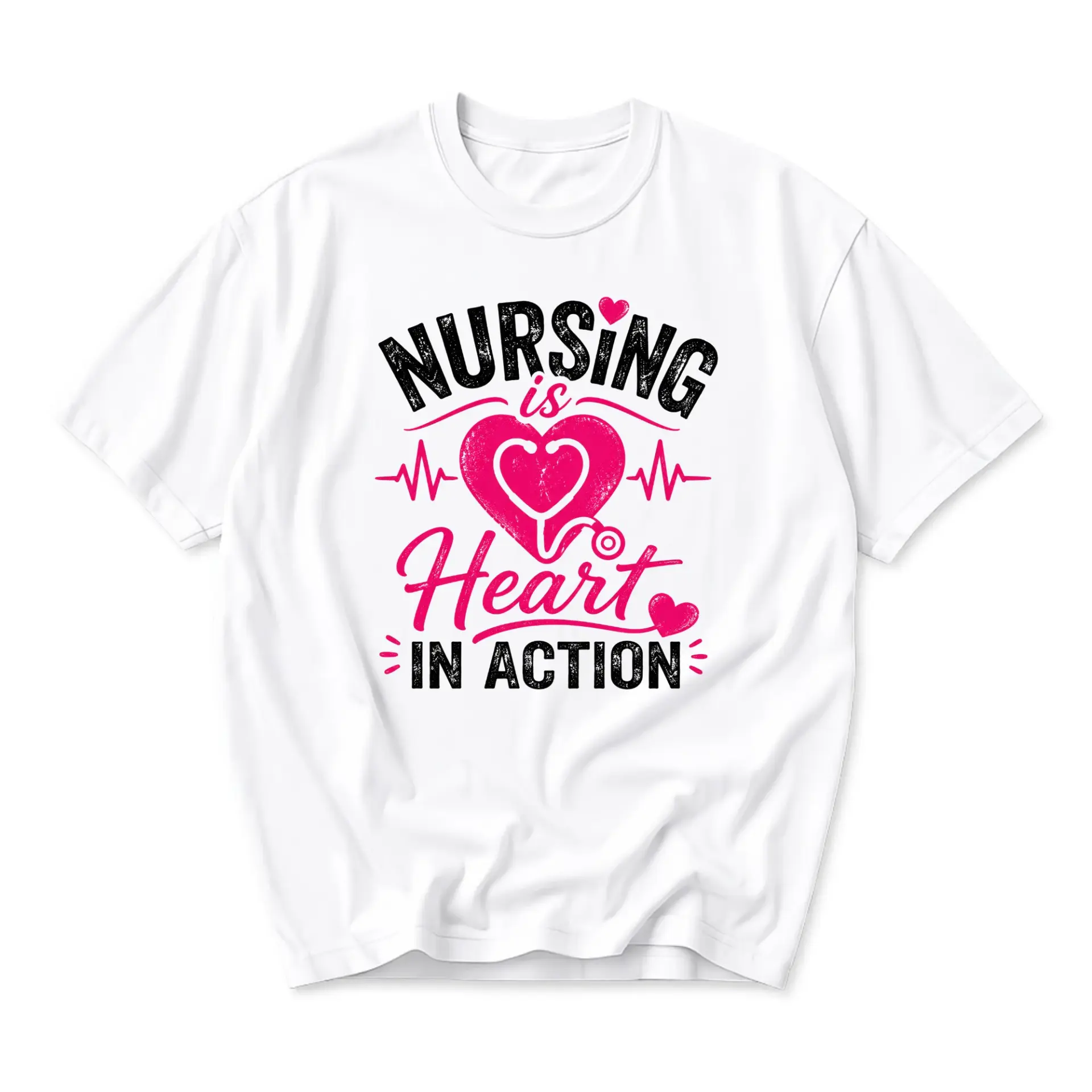 Graphic Tee Nursing Is Heart in Action Unisex Crew Neck T-Shirt for Healthcare Professionals and Medical Staff Apparel