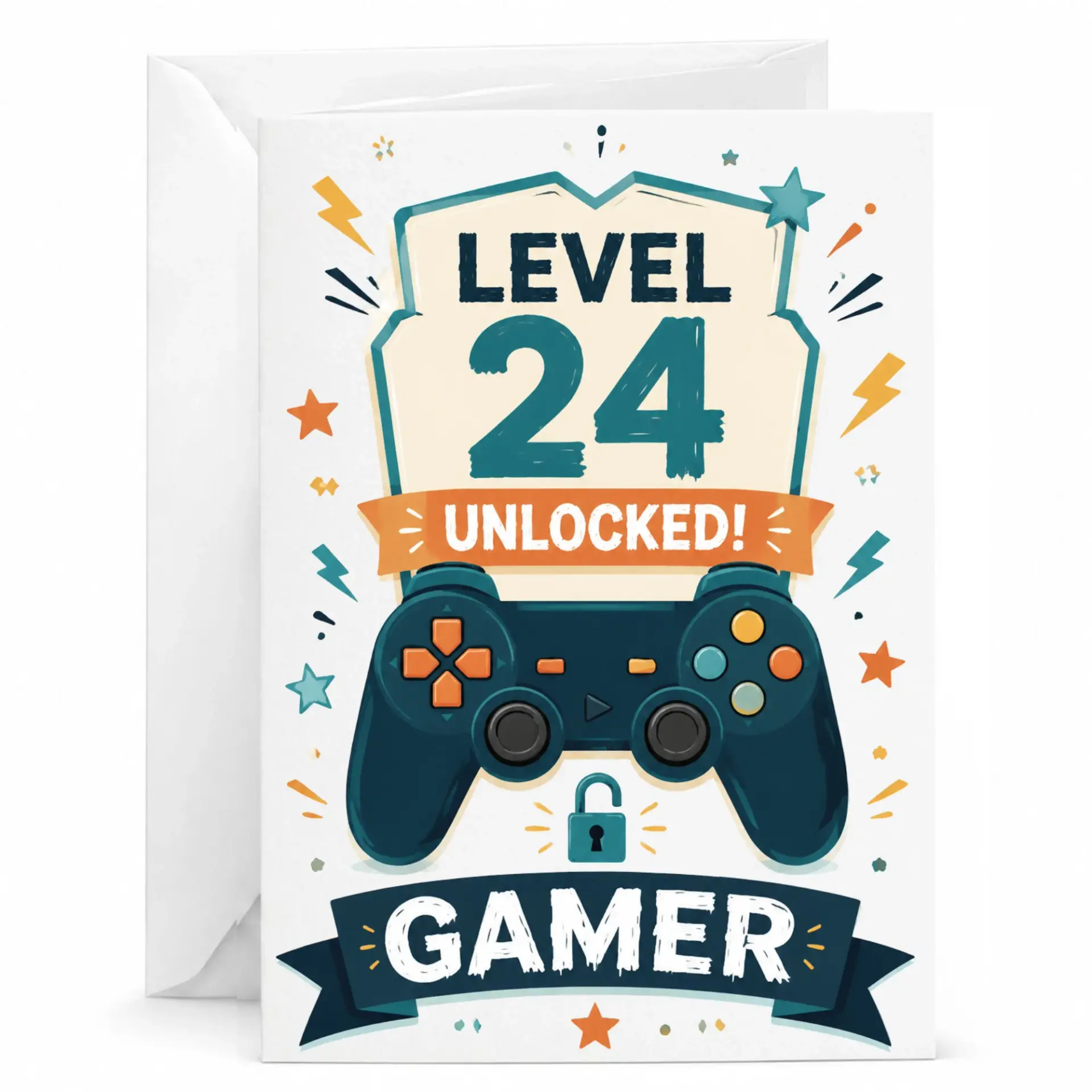 Funny Birthday Card Level 24 Unlocked Gamer Design for Video Game Enthusiast Celebration Stationery 5x7 Inches Folded