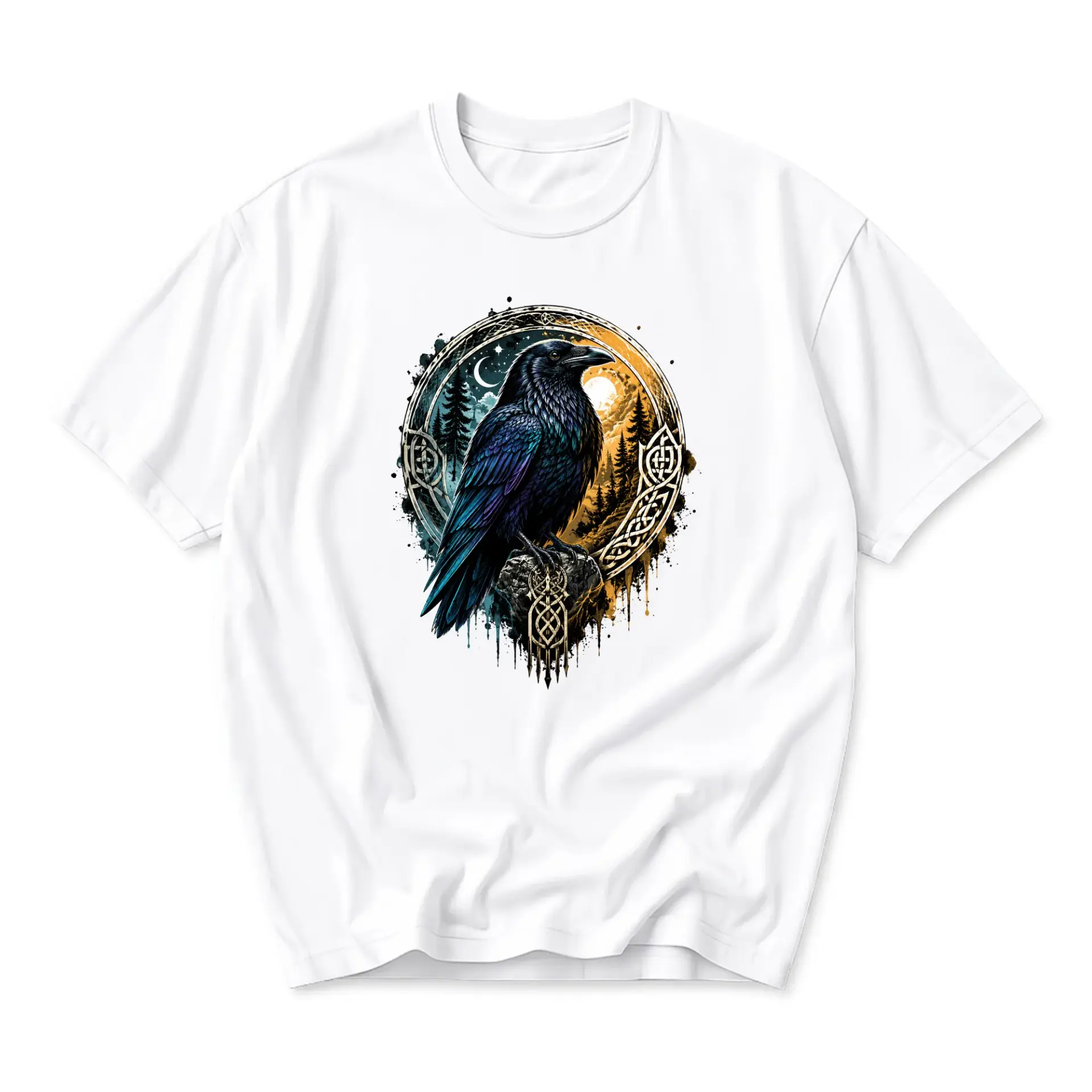 T-shirt Graphic Tee Featuring Artistic Raven Bird Illustration in Celtic Circle Design on Soft Cotton Unisex Apparel