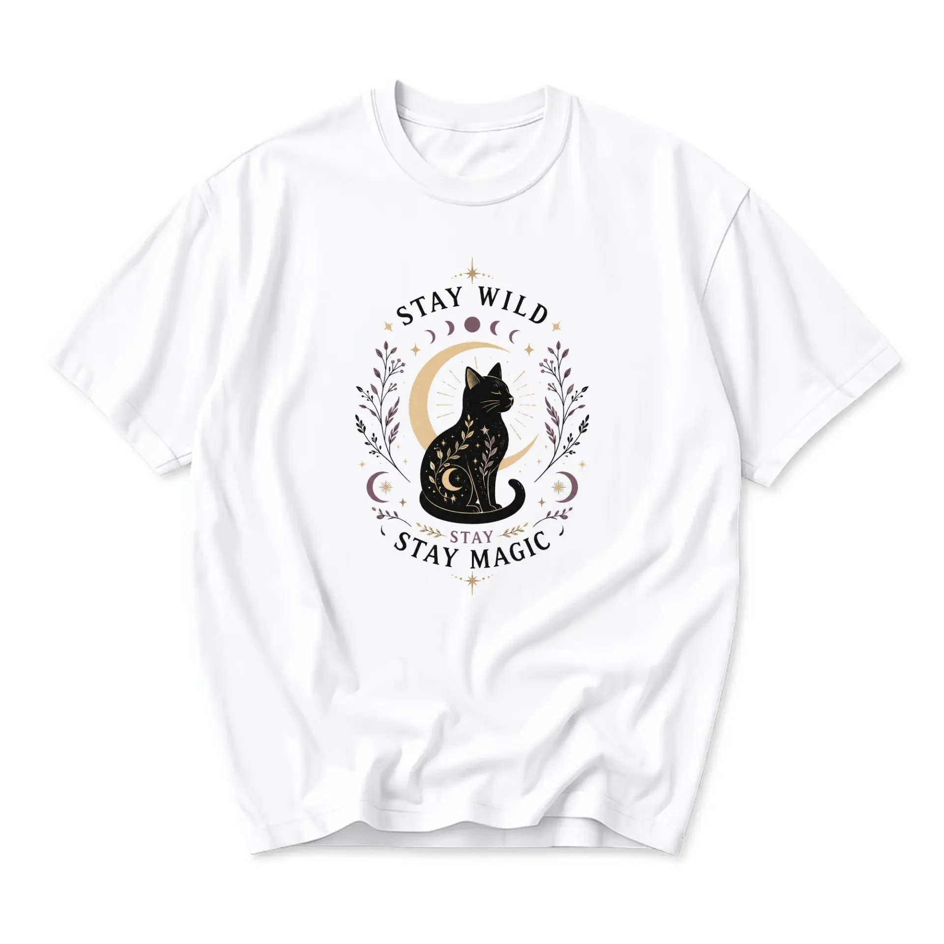 Graphic Tee Stay Wild Stay Magic Celestial Cat Art Unisex Cotton Blend Crew Neck Everyday Casual Short Sleeve Shirt