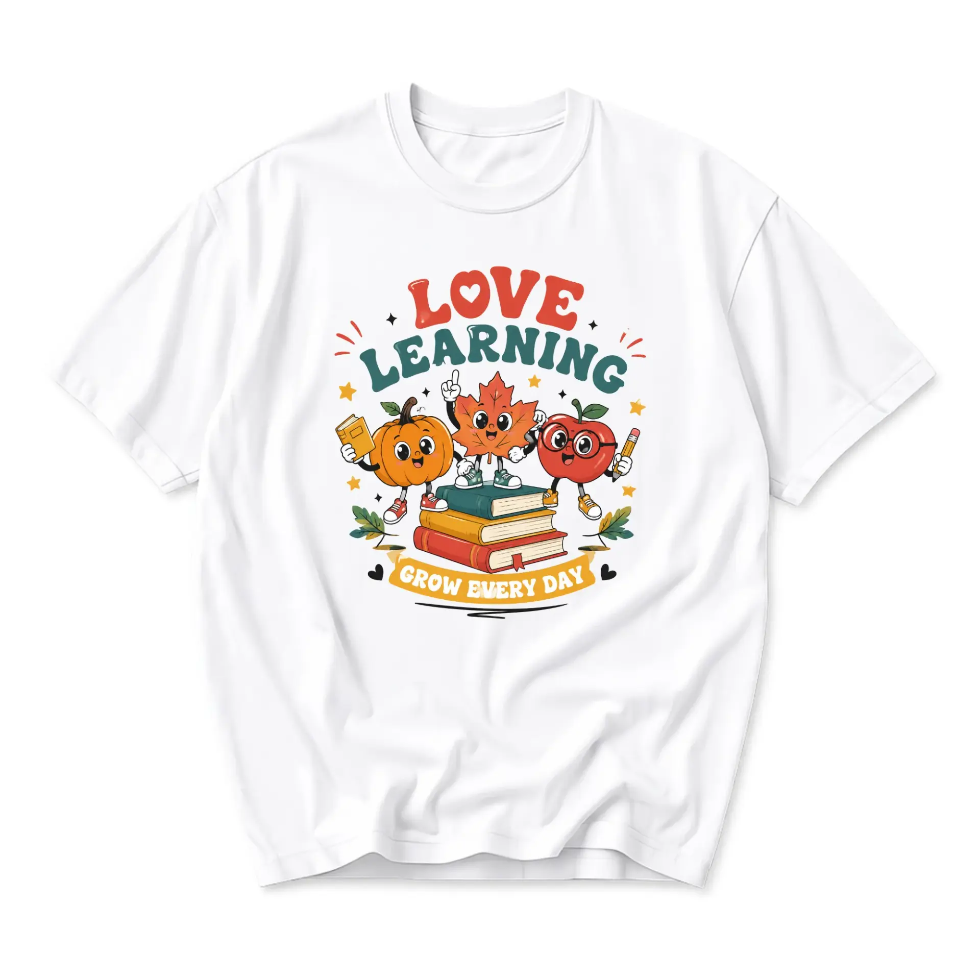 Graphic Tee Love Learning Grow Every Day Autumn Pumpkin Maple Leaf Apple Cartoon Unisex Crew Neck Short Sleeve Shirt