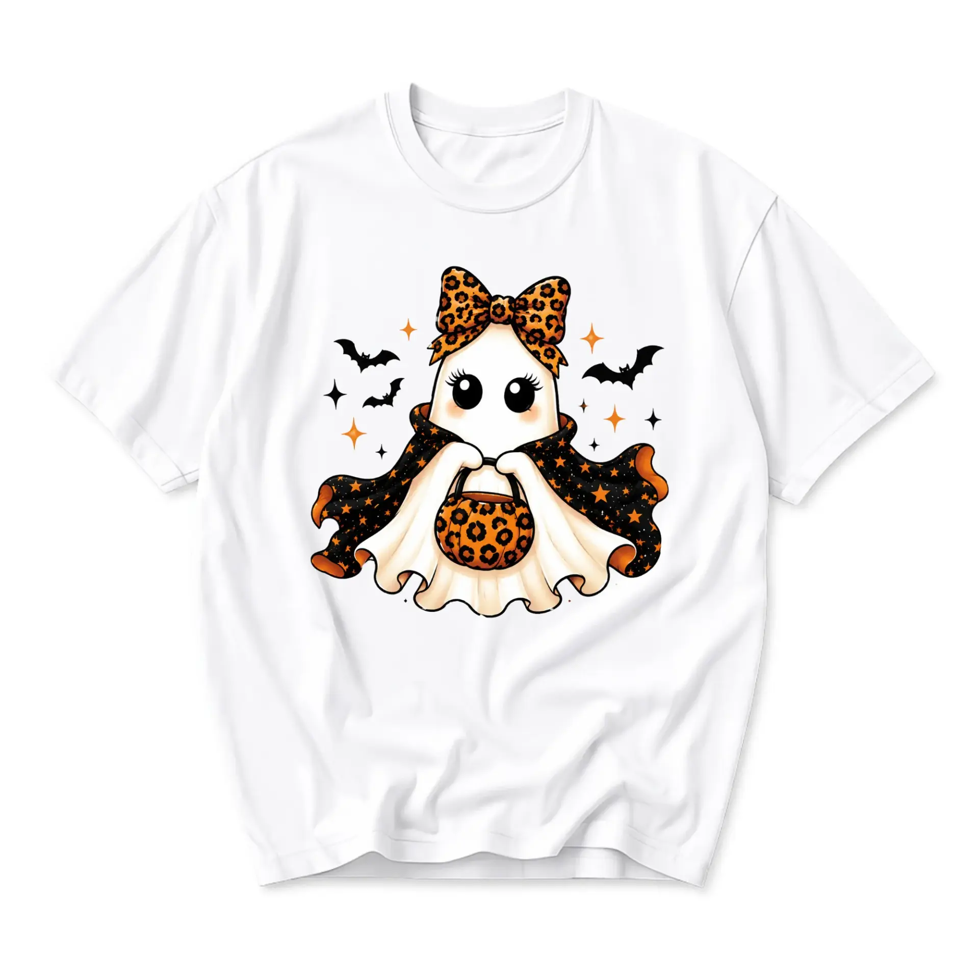 Graphic Tee Ghost with Leopard Print Bow Halloween Shirt Unisex Cotton Casual Everyday Top for Holiday Seasonal Wear
