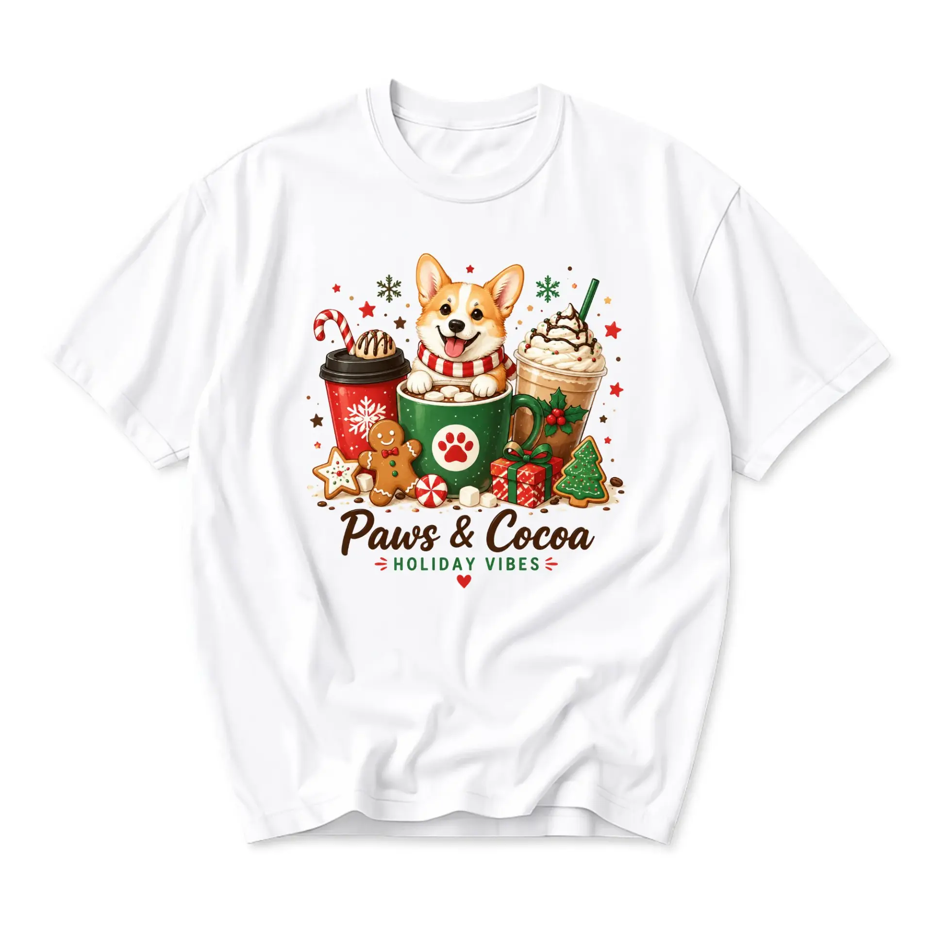 Graphic Tee Paws and Cocoa Holiday Coffee Illustration Unisex Crew Neck