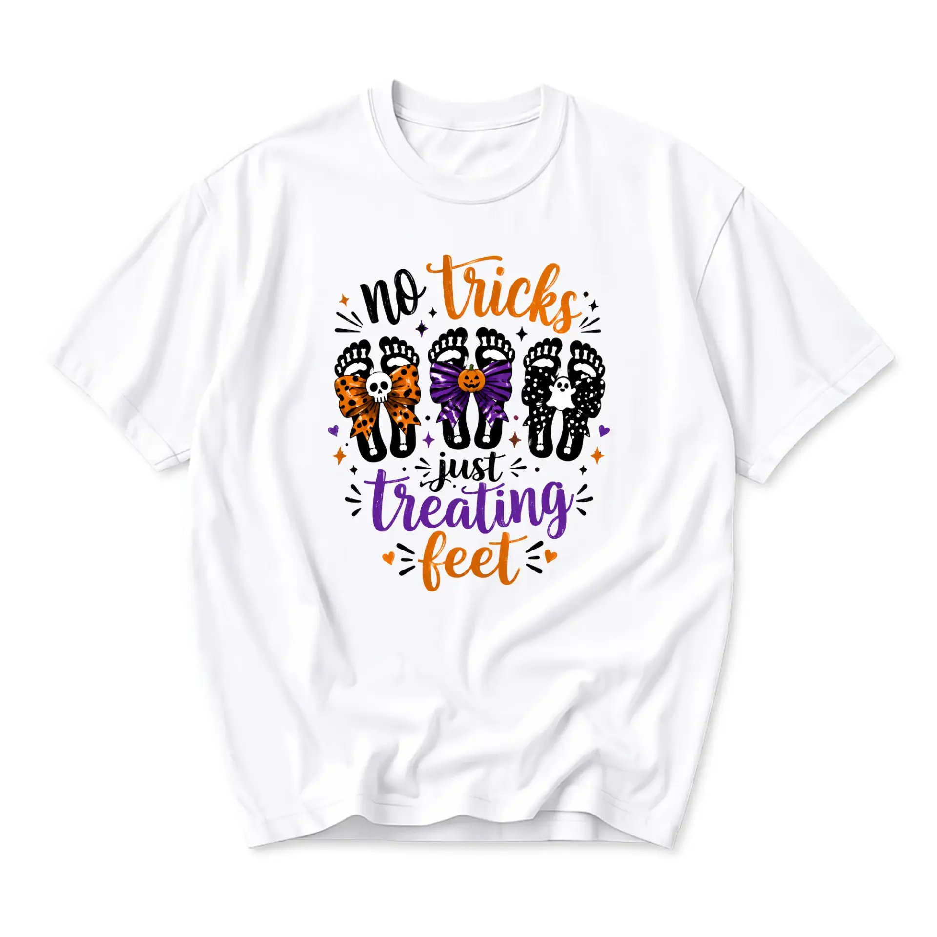Funny Shirt No Tricks Just Treating Feet Graphic Tee Casual Unisex Crew Neck Holiday Cotton Blend Top Apparel