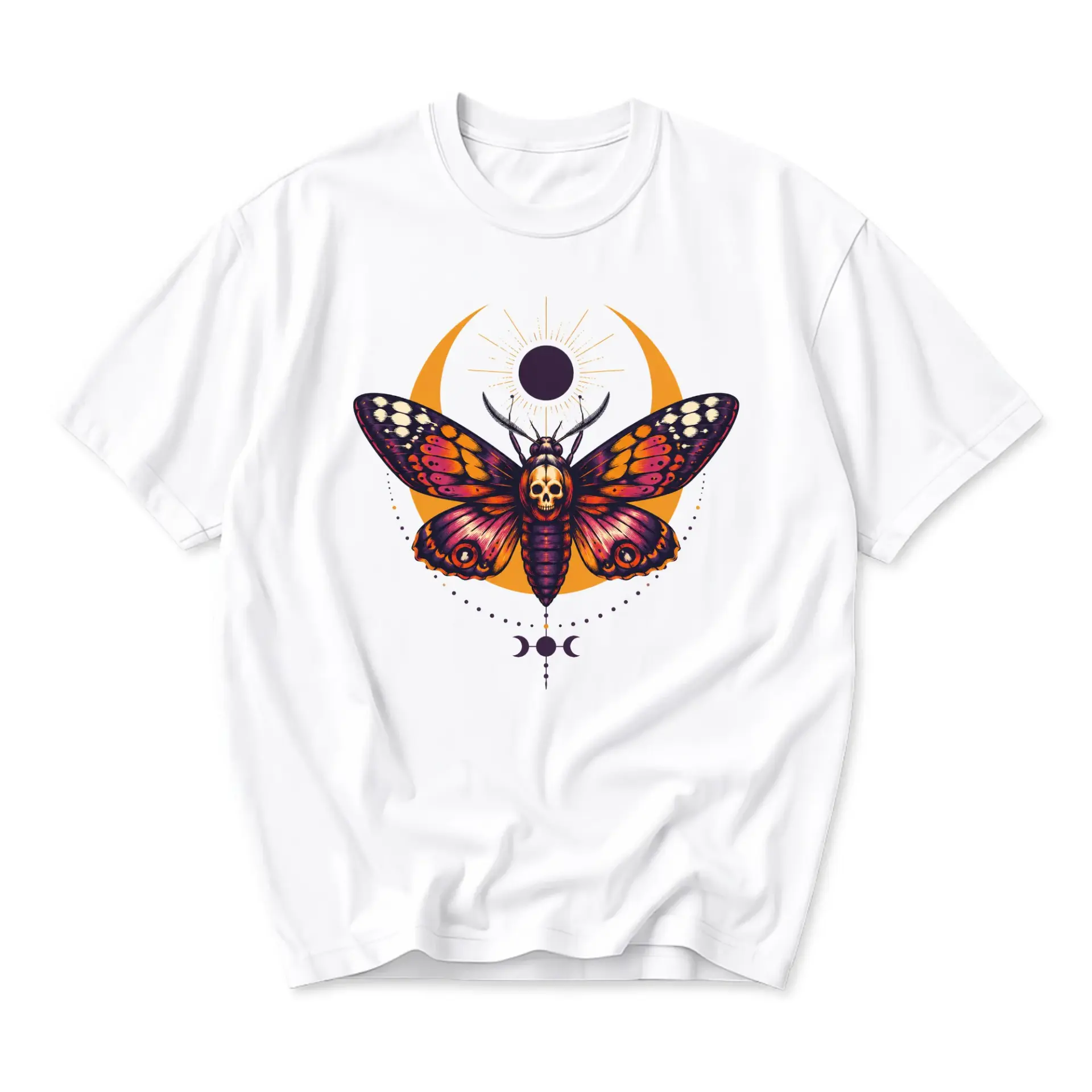 Graphic Tee Unisex Crew Neck T-Shirt Featuring Celestial Moth and Skull Illustration Artistic Cotton Apparel