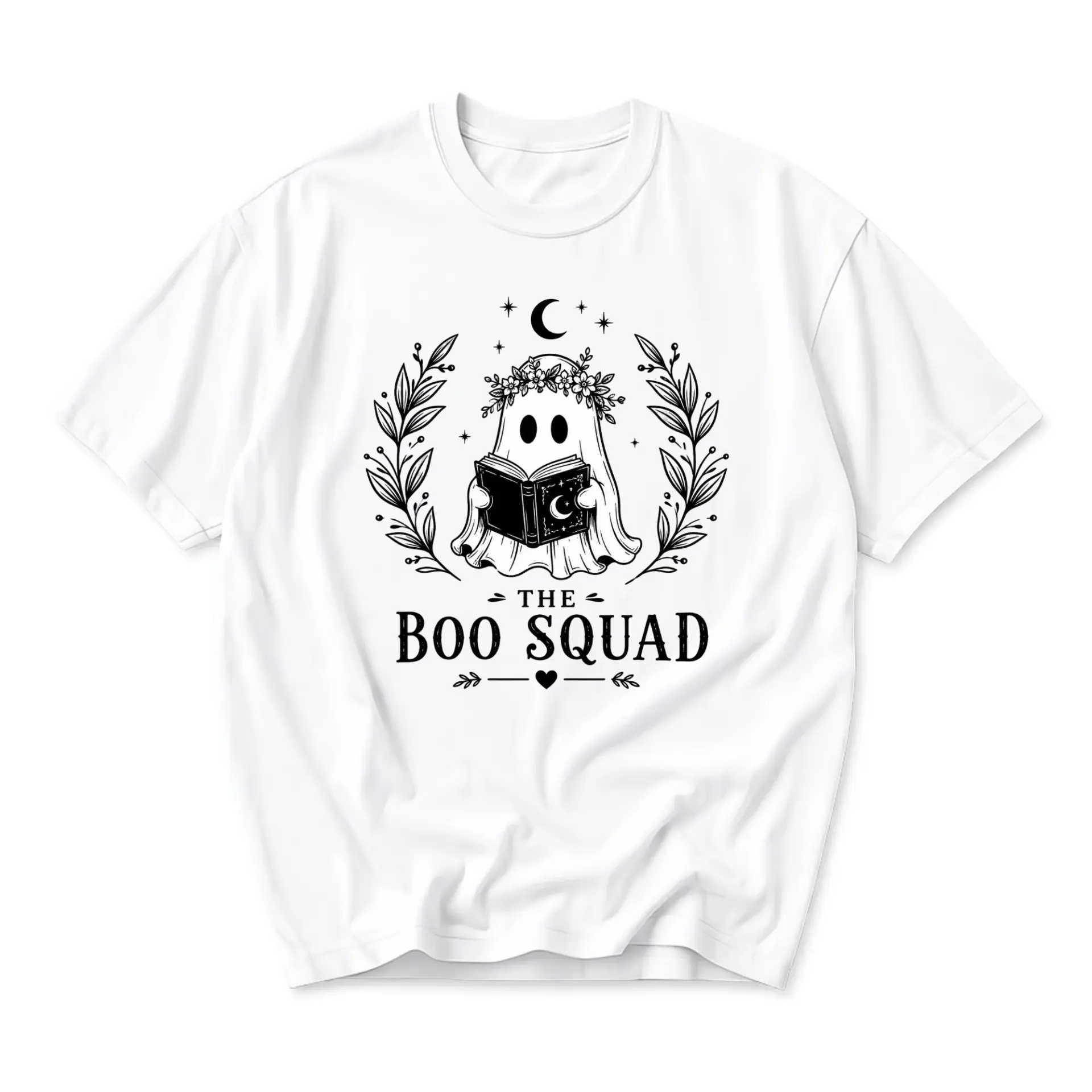 Graphic Tee the Boo Squad Cute Ghost Reading Book Design Unisex Crew Neck Short Sleeve Casual Cotton Blend Shirt