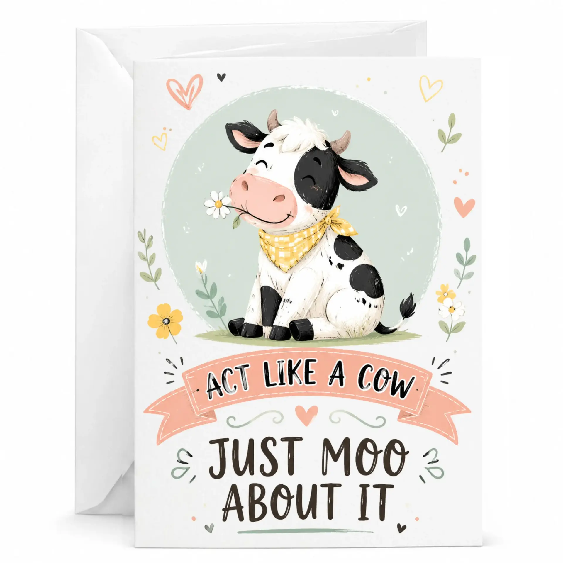 Funny Cow Greeting Card with Envelope for Encouragement or Birthday Farm Animal Illustration 5x7 Inch Folded Note