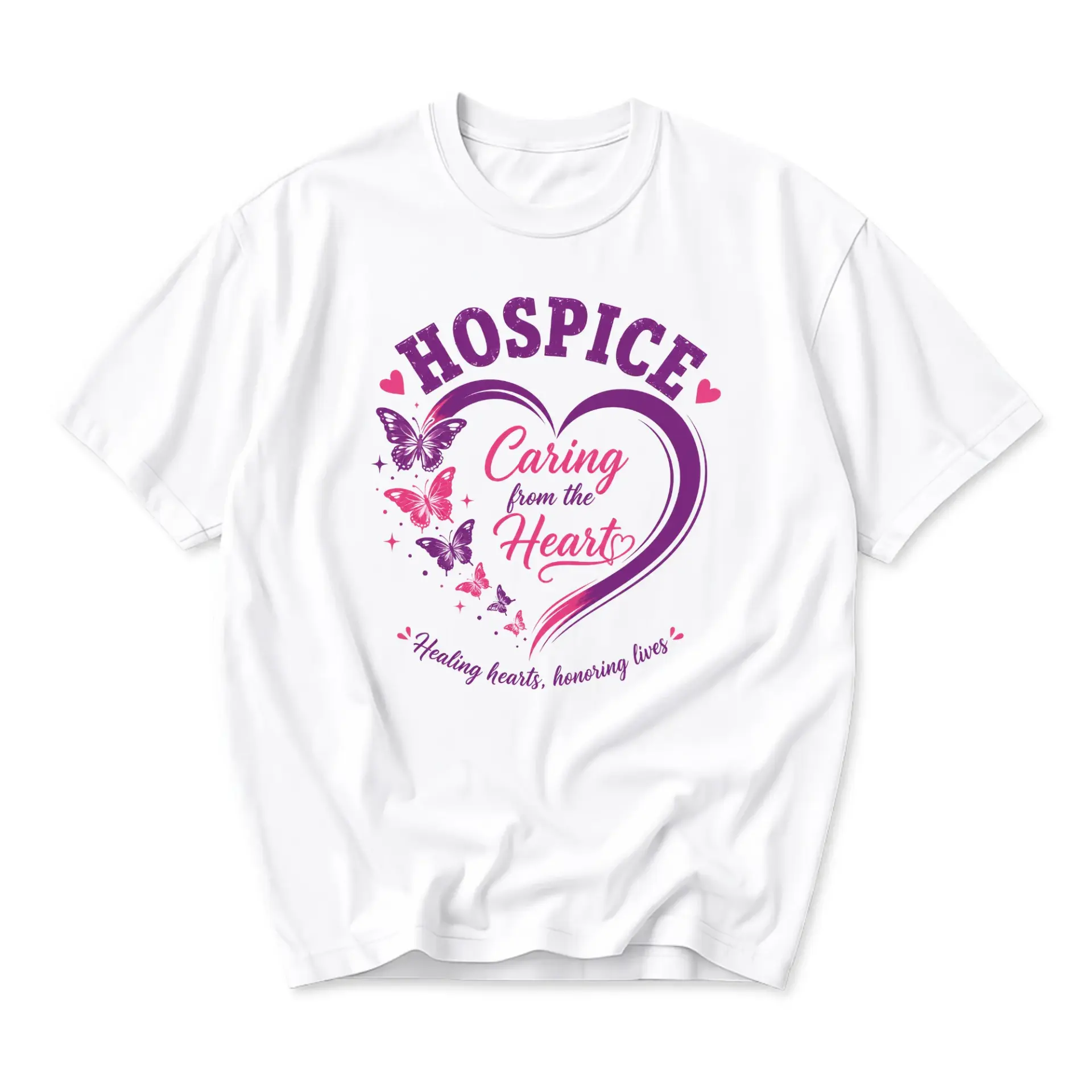 Graphic Tee Hospice Care Heart and Butterfly Design Unisex Crew Neck Short Sleeve Casual Comfort Apparel