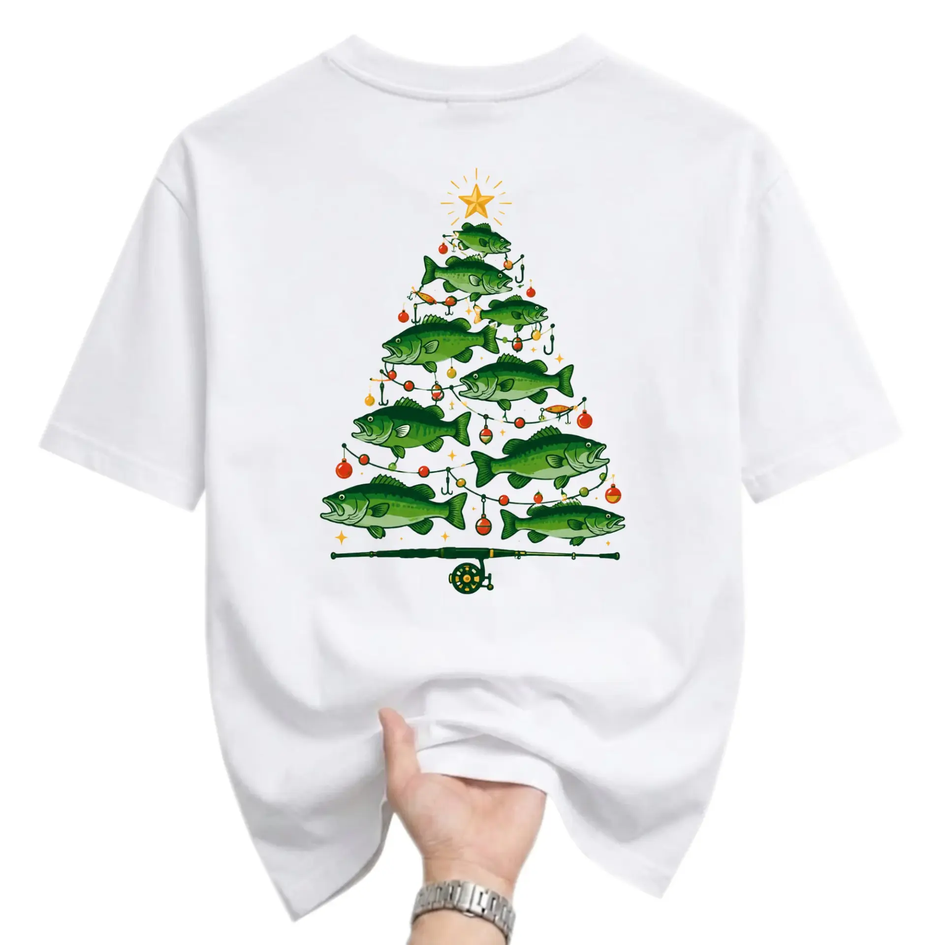 Graphic Tee Christmas Fishing Tree Shirt Holiday Angler Apparel Unisex Crew