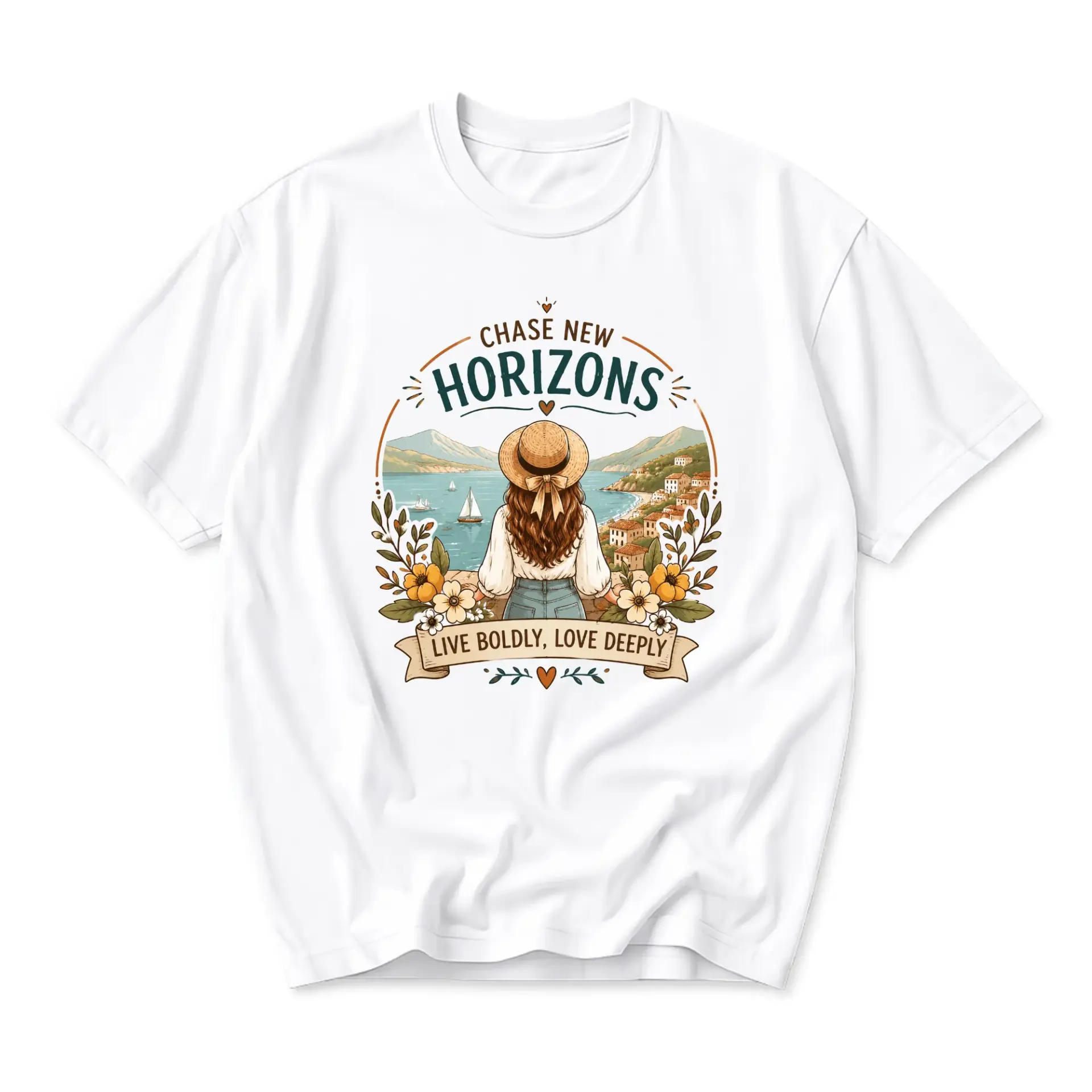 Graphic Tee Chase New Horizons Unisex Cotton Crew Neck Casual Short Sleeve Shirt Featuring Scenic Travel Illustration