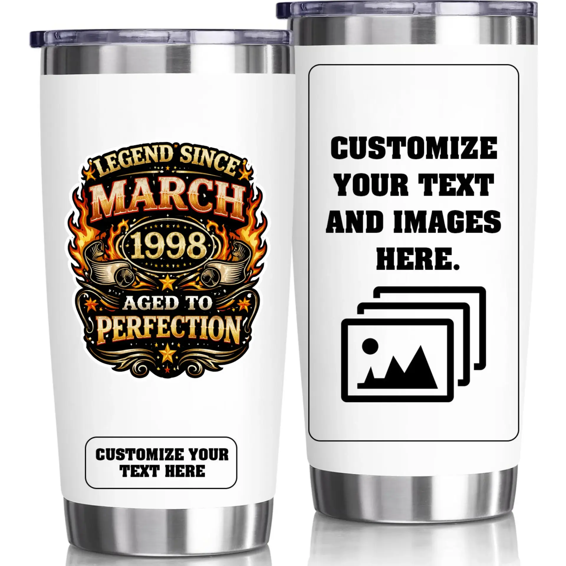 Stainless Steel Tumbler 20oz Insulated Cup for Birthday Legend Since March 1998 Aged to Perfection Custom Design Gift