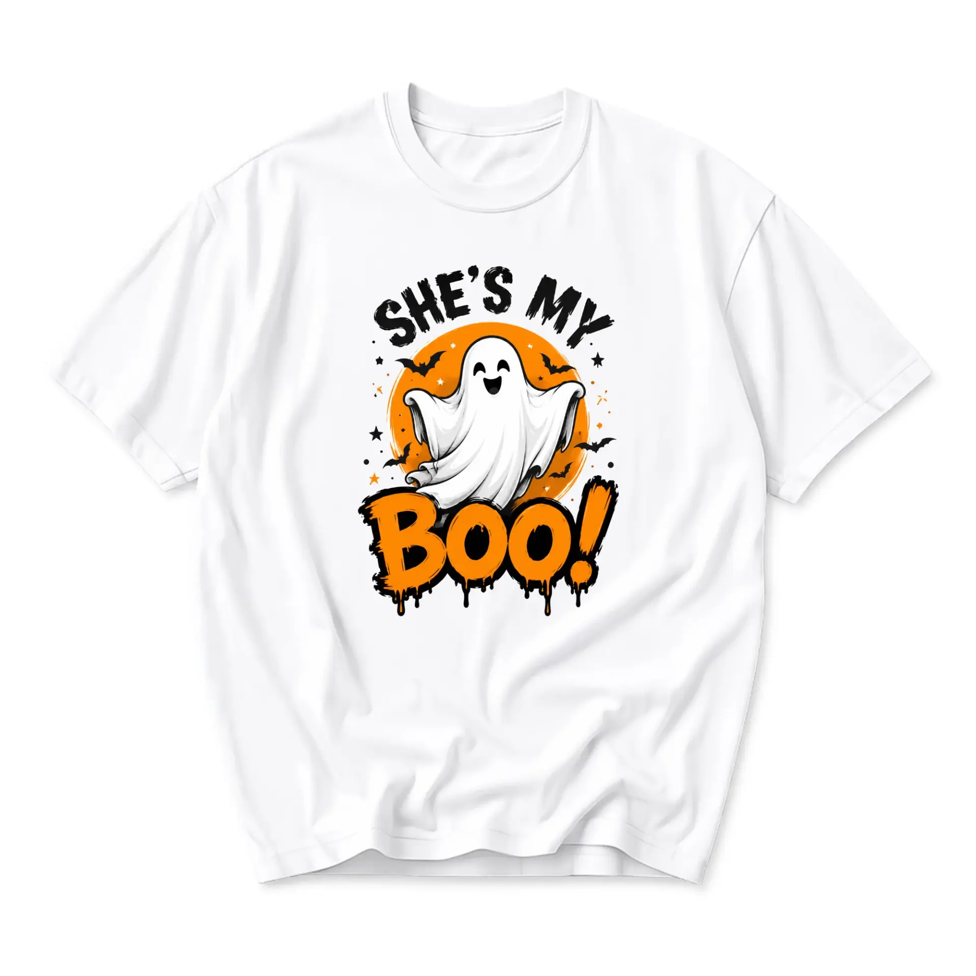Funny Shirt She Is My Boo Ghost Graphic Tee Unisex Crew Neck Short Sleeve Casual Cotton Top for Fall Holiday Season