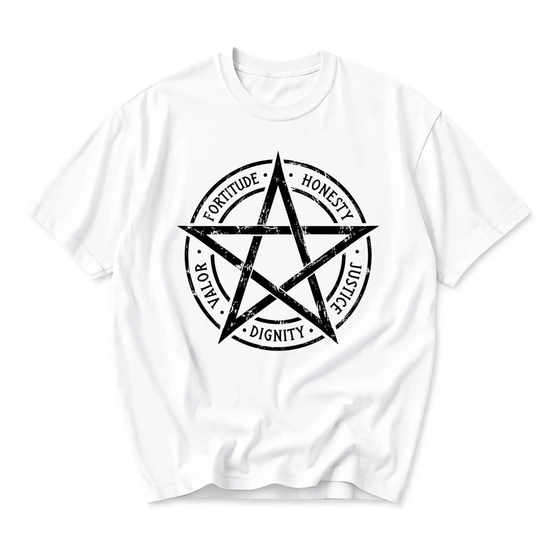 Graphic Tee Unisex Crew Neck Short Sleeve Shirt Featuring Distressed Star Symbol with Virtue Inspired Words