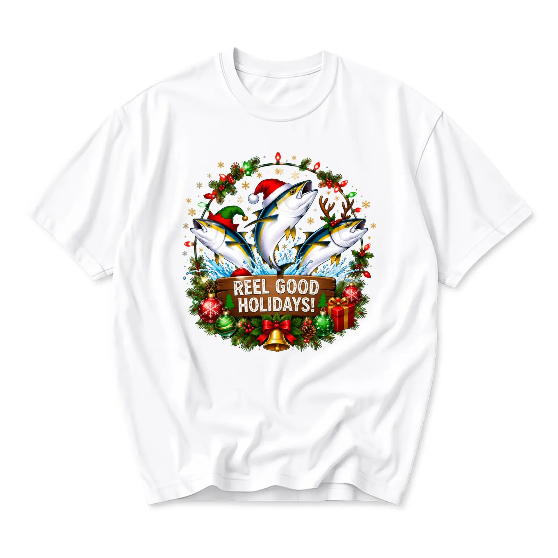 Funny Shirt Reel Good Holidays Tuna Fish Christmas Graphic Tee Winter Seasonal Casual Unisex Crew Neck Cotton Top