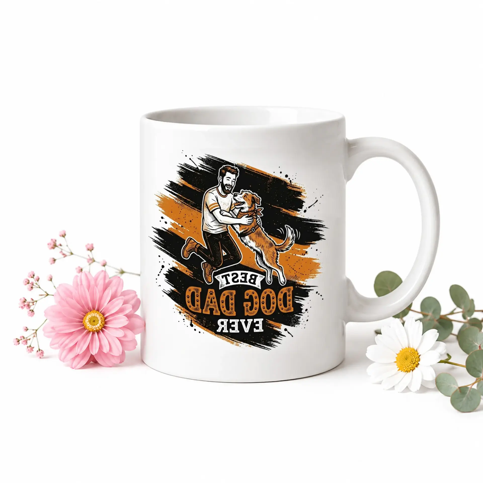 Best Dog Dad Ever Ceramic Mug with Blue Accent Handle Illustrative Graphic Design for and Coffee Drinkers