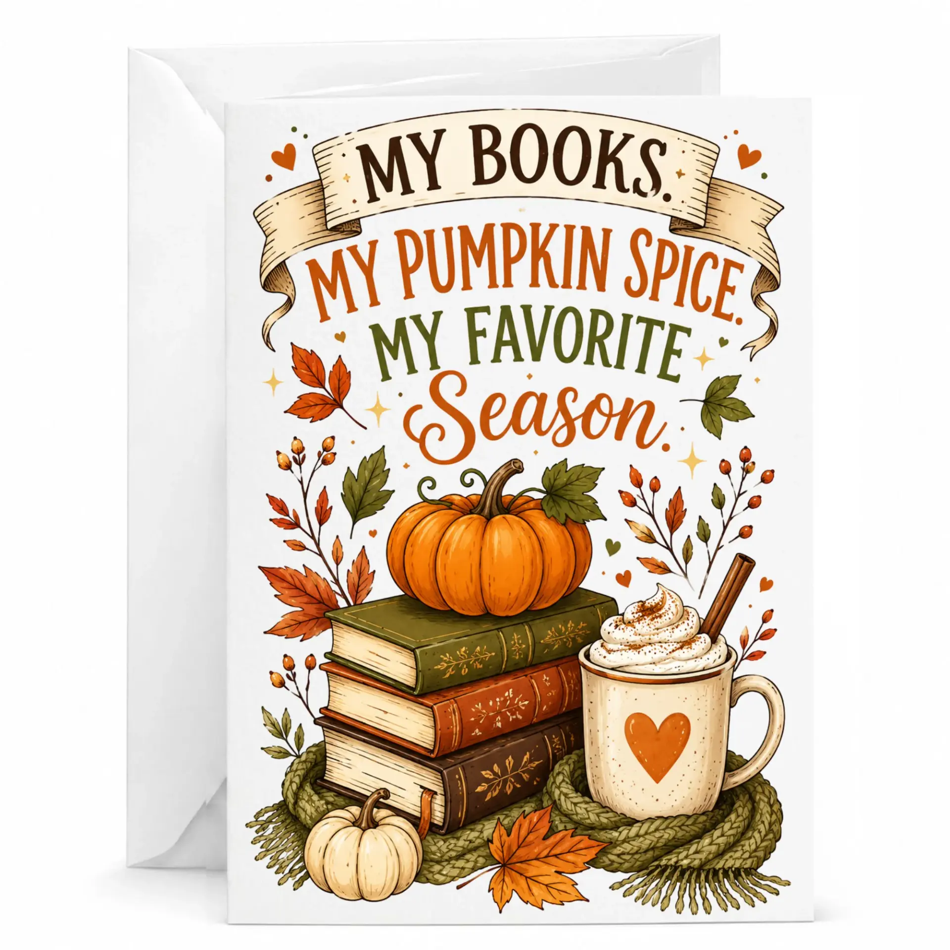 Greeting Card for Fall Lovers Featuring a Cozy of Books and Pumpkin Spice Mug Autumn Seasons