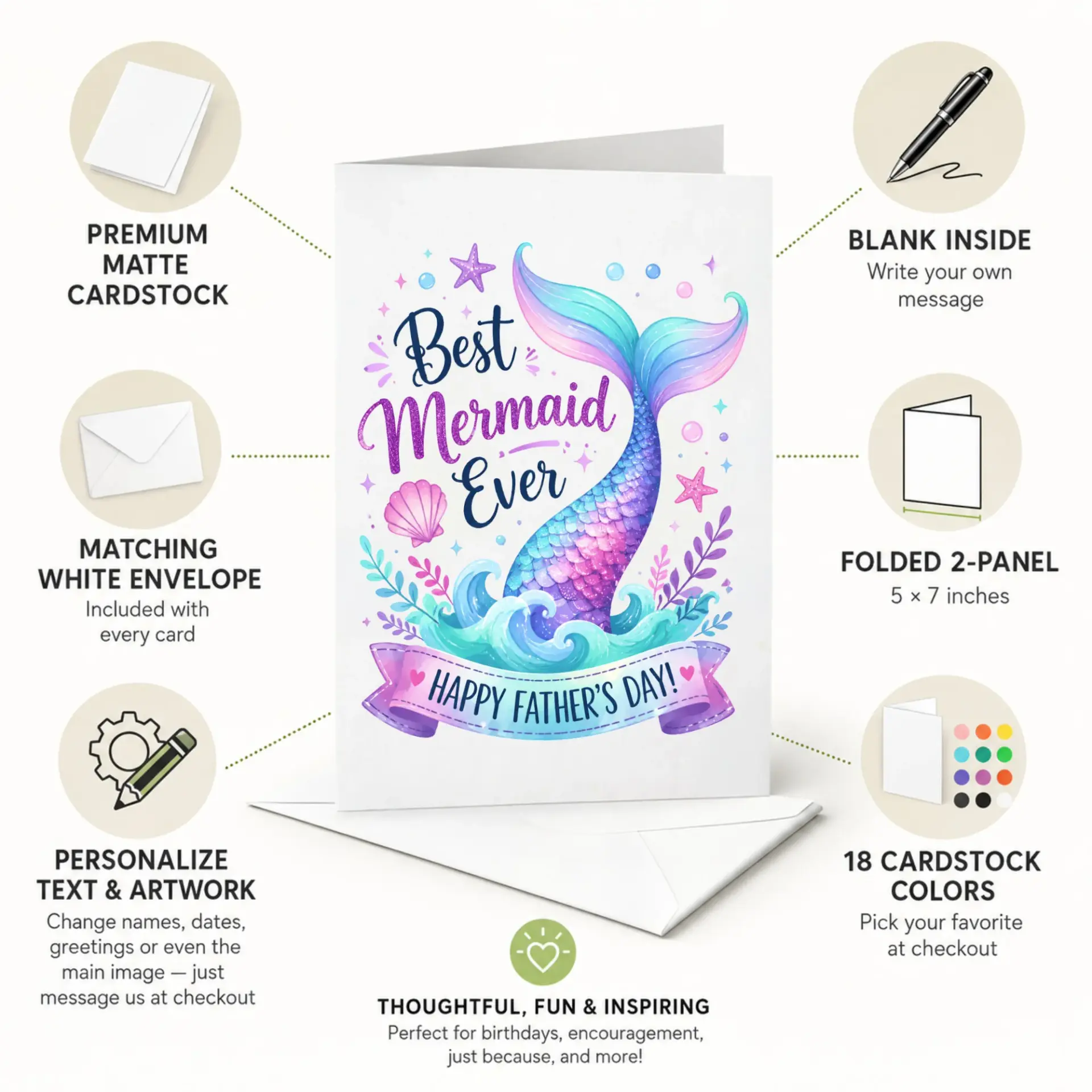 Funny Mermaid Father's Day Card with Envelope Best Ever Greeting for Dad 5x7 Folded Note