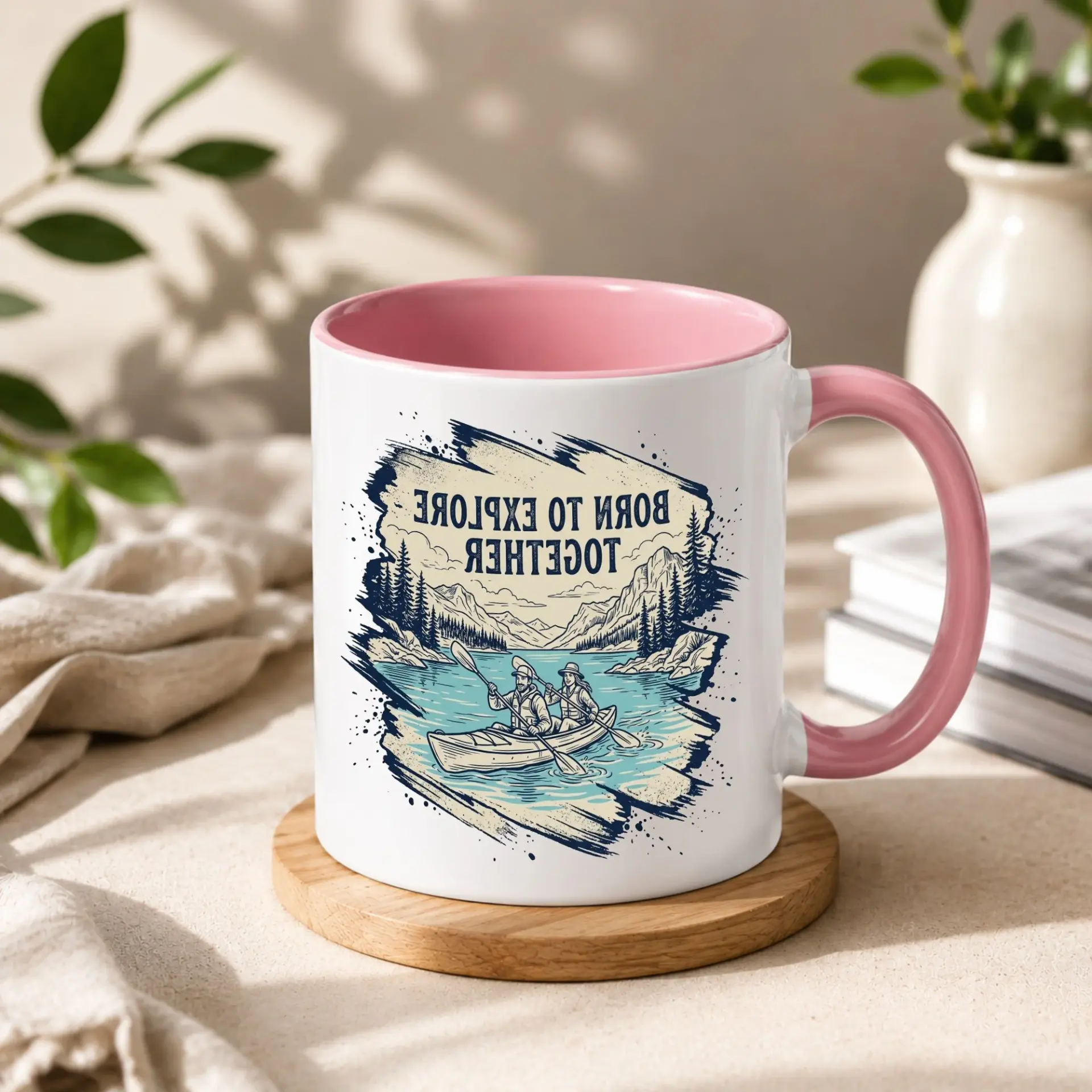 Born to Explore Together Ceramic Coffee Mug with Blue Accent Handle for Adventure Lovers and Outdoor Enthusiasts Alike