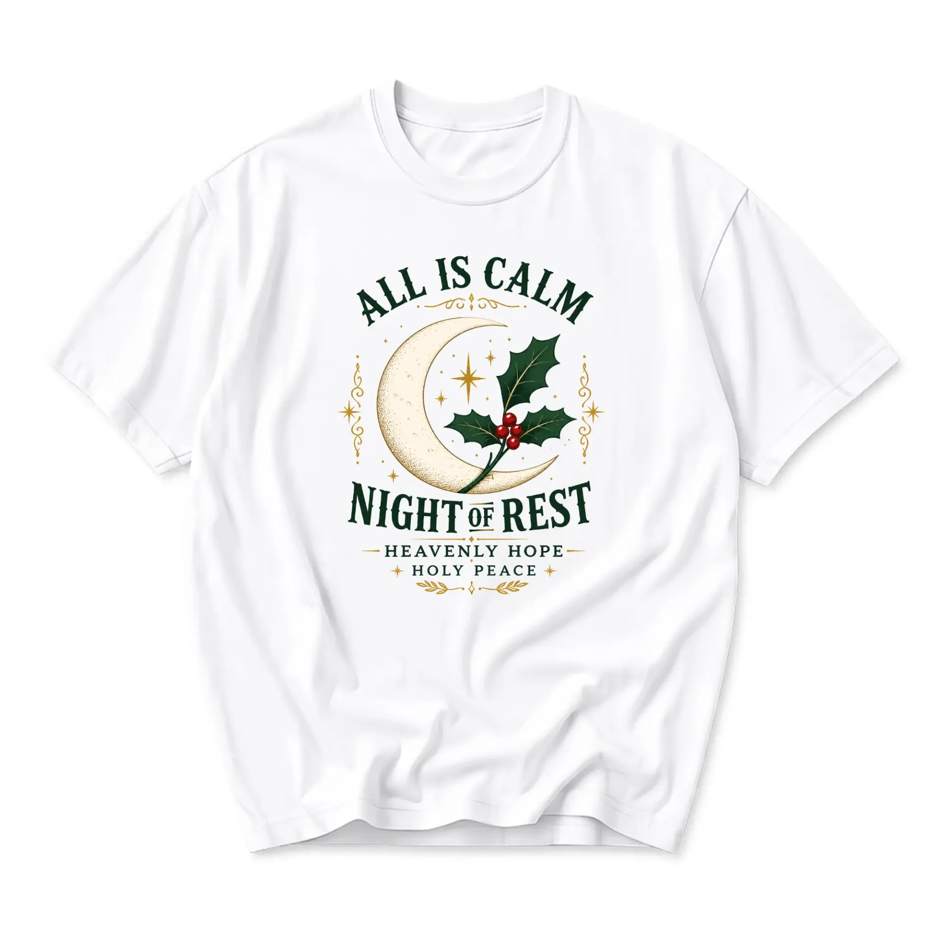 Graphic Tee All Is Calm Night of Rest Seasonal Holiday Shirt Unisex Cotton Casual Short Sleeve Crew Neck Apparel White