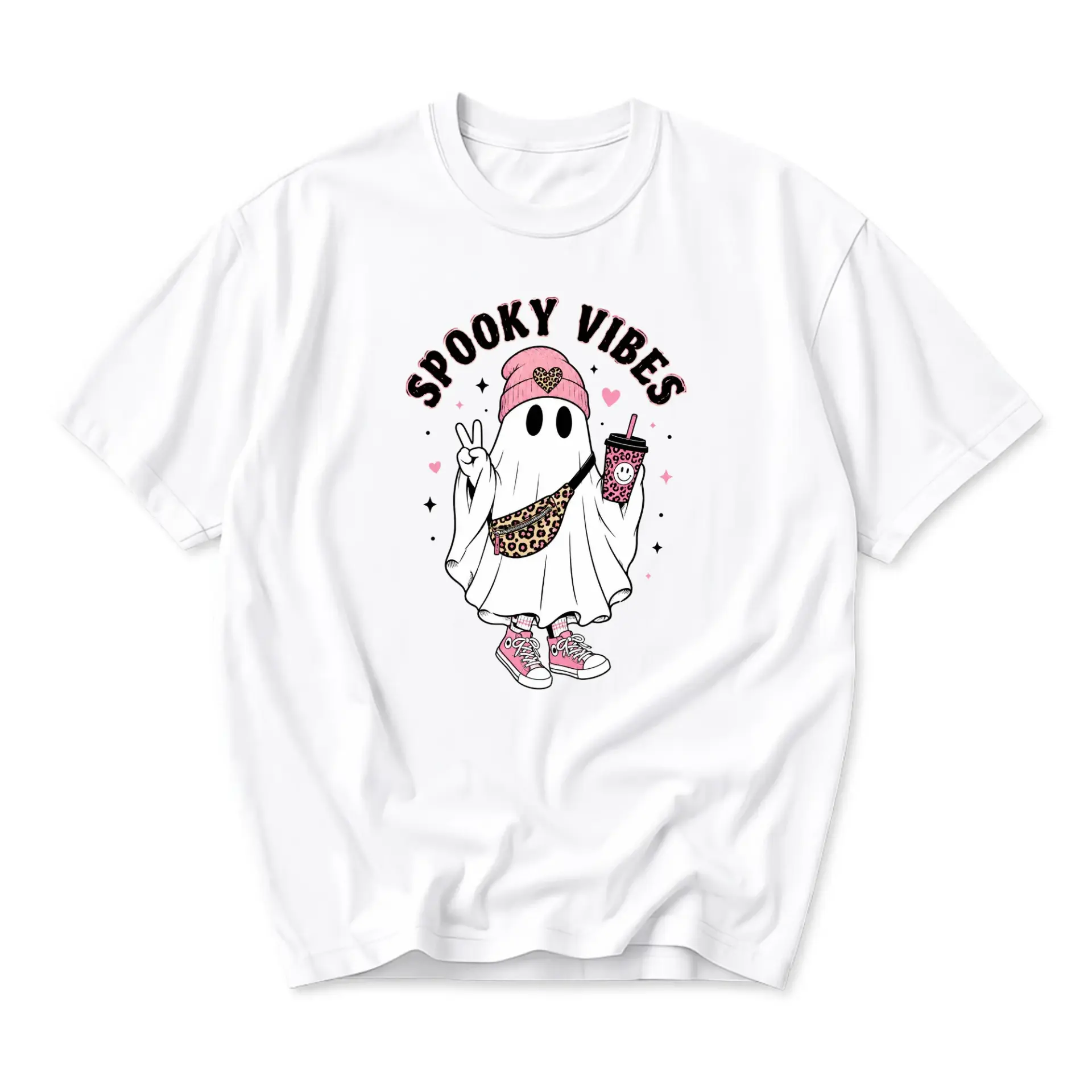 Spooky Vibes Graphic Tee Unisex Casual Crew Neck T-Shirt Featuring Aesthetic Ghost Illustration for Everyday Wear