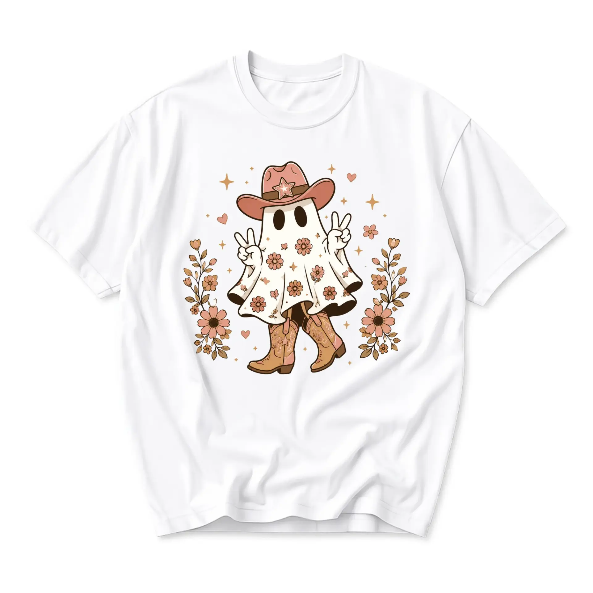 Graphic Tee Western Ghost Shirt Boho Floral Cowboy Cowgirl Style Apparel for Men and Women Casual Short Sleeve Top