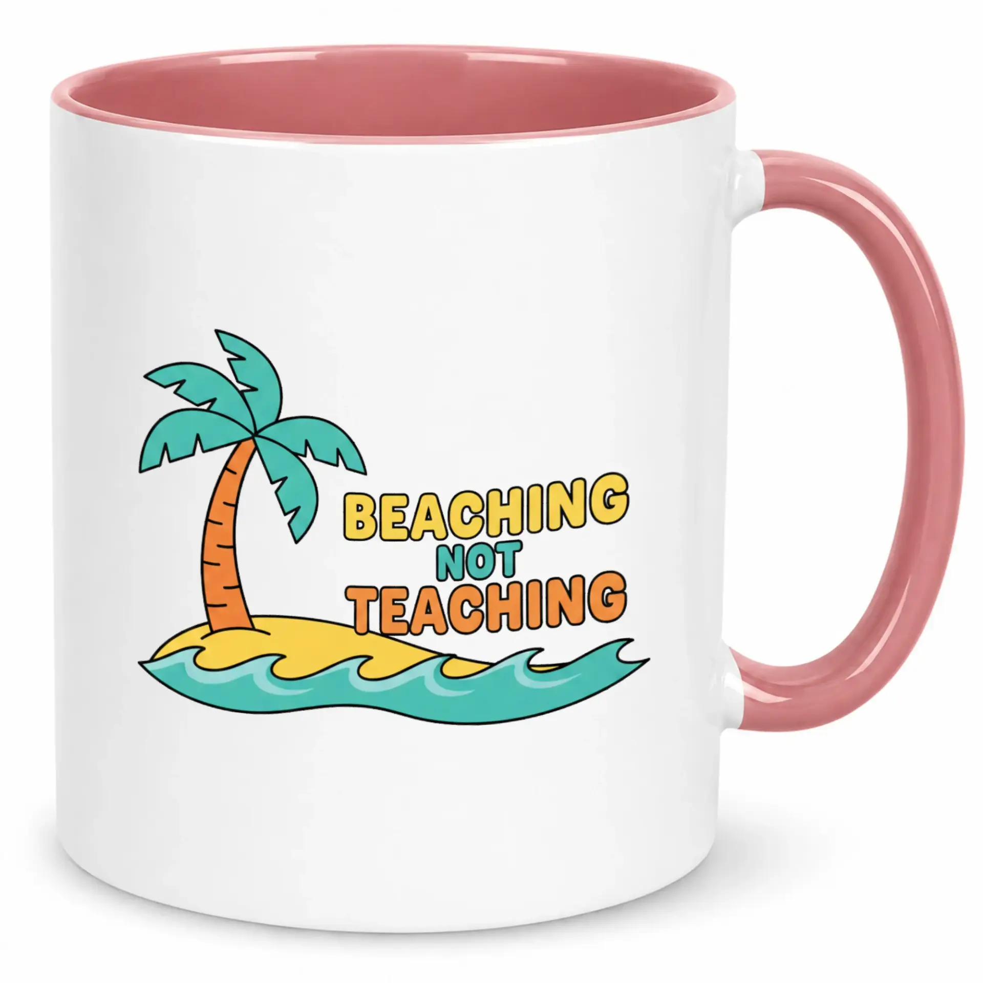 Funny Teacher Vacation Coffee Mug with Beach Palm Tree Design, White Ceramic Drinkware for Home Office, Relaxing Getaway Theme