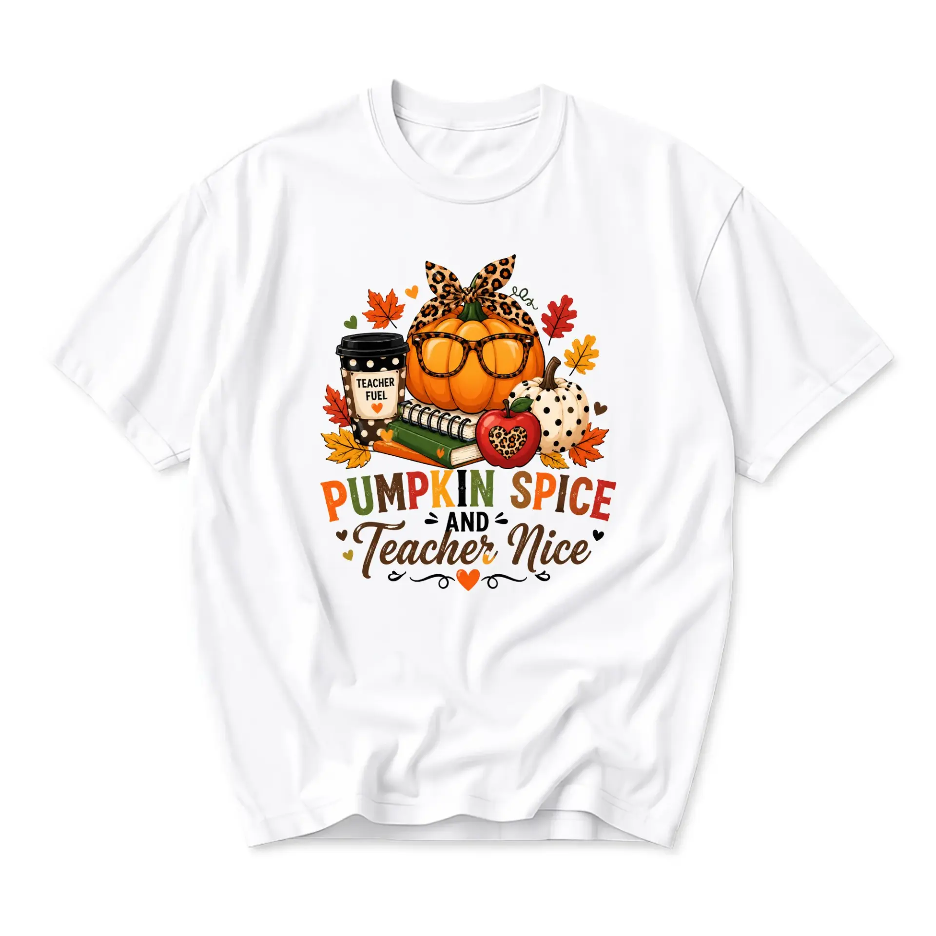 Graphic Tee Pumpkin Spice and Teacher Nice Autumn Fall Apparel Unisex Crew Neck Short Sleeve Casual Cotton T-Shirt