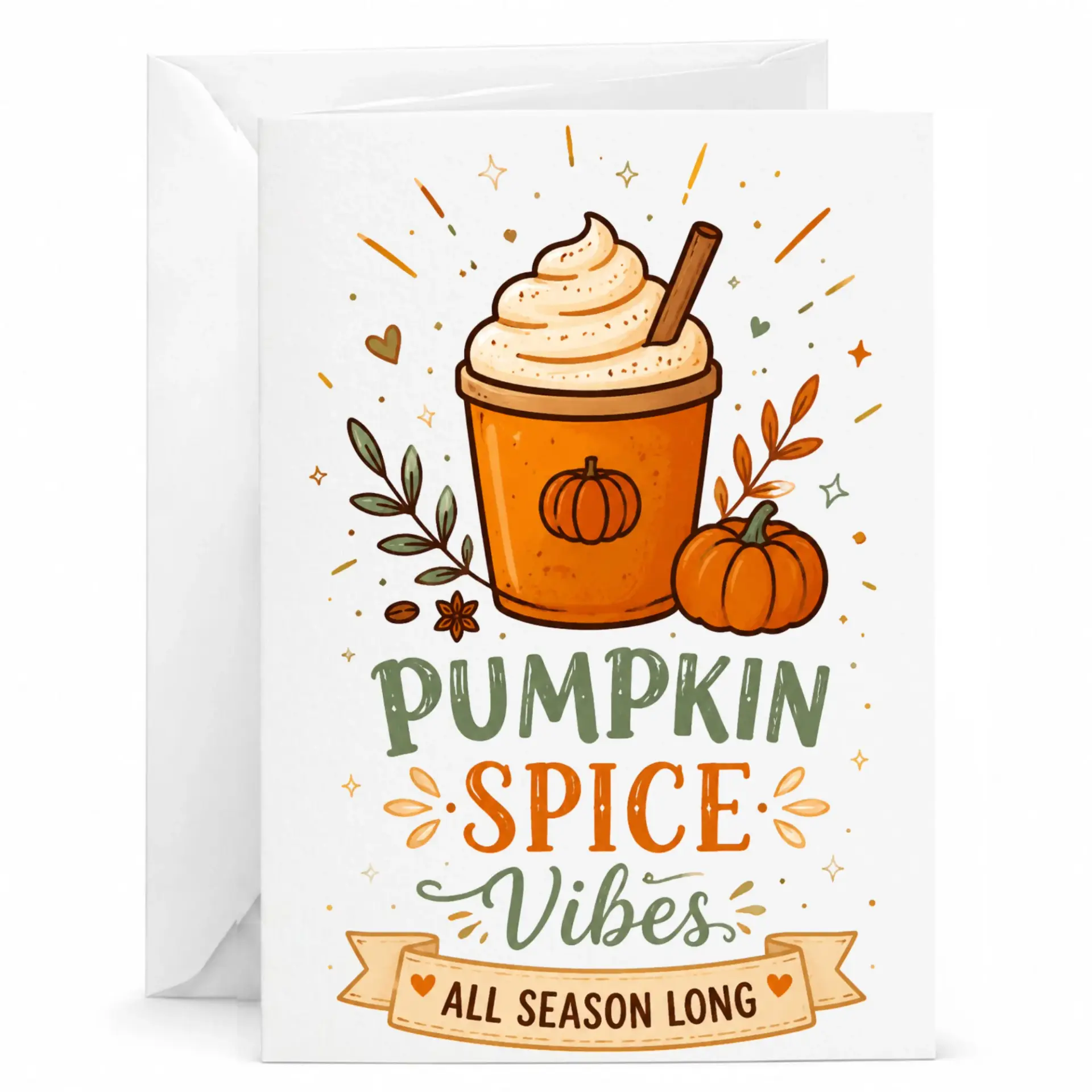 Pumpkin Spice Vibes Greeting Card with Matching Envelope for Fall Season and Autumn Occasions 5x7 Inches Folded