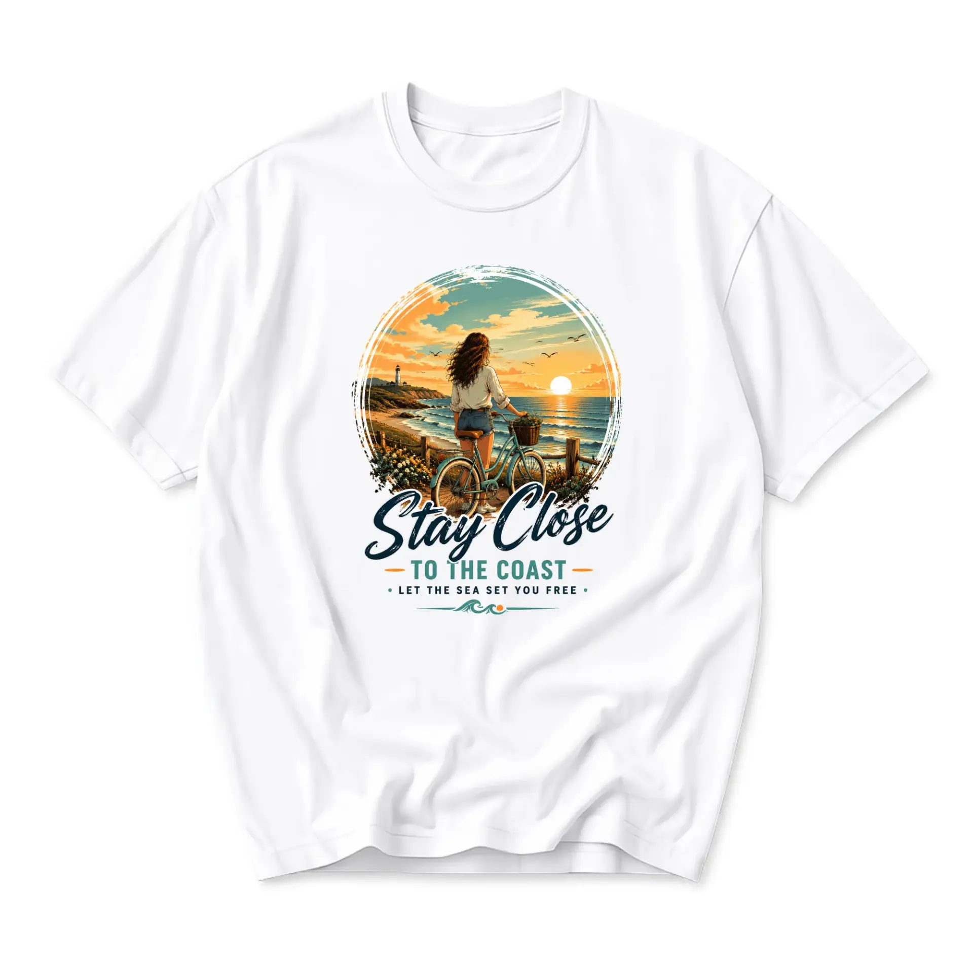 Graphic Tee Stay Close to the Coast Beach Bicycle Illustration Unisex Crew Neck Short Sleeve Casual Cotton T-Shirt