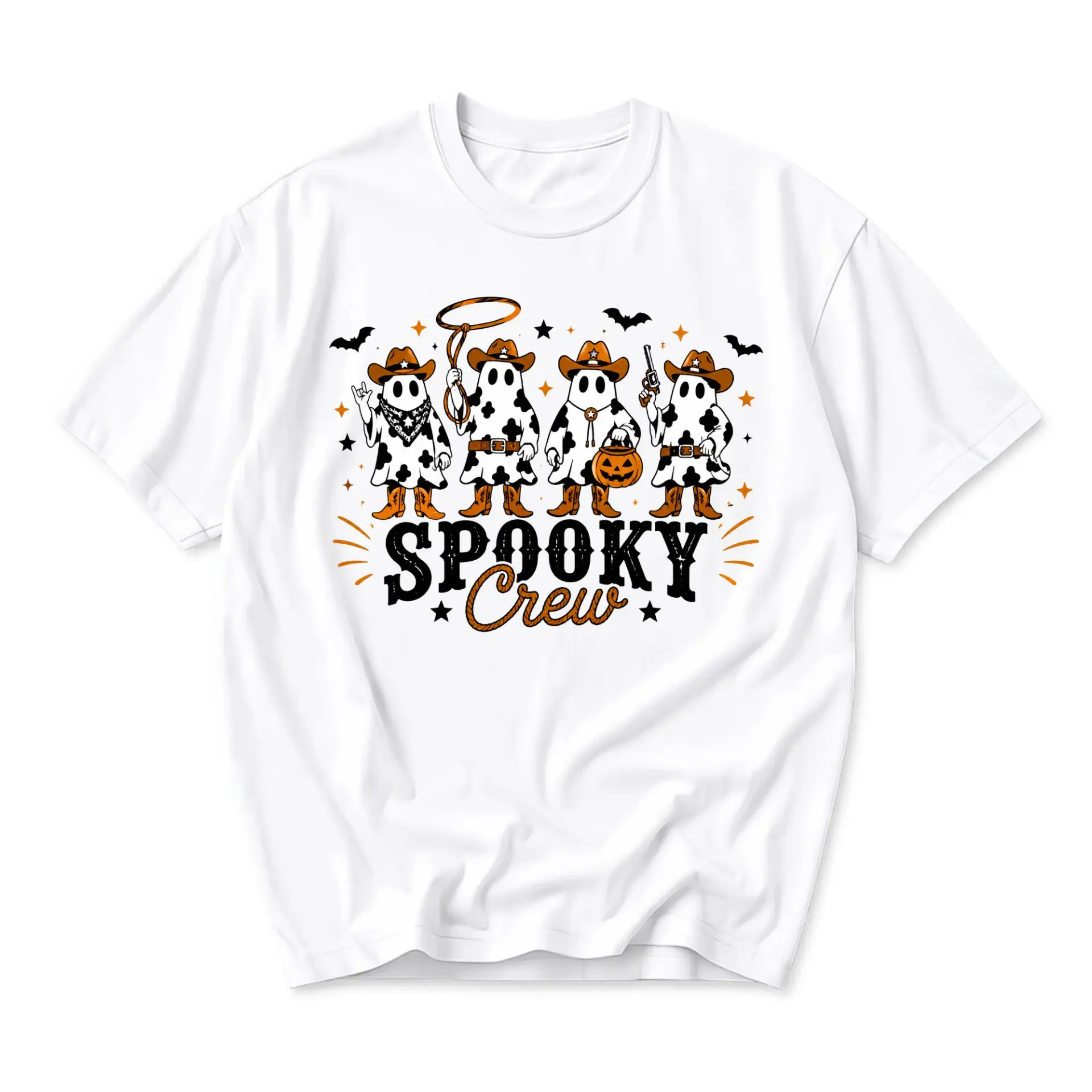 Graphic Tee Spooky Crew Western Ghost Print Unisex Shirt for Casual Fall Season Holiday Everyday Comfortable Apparel