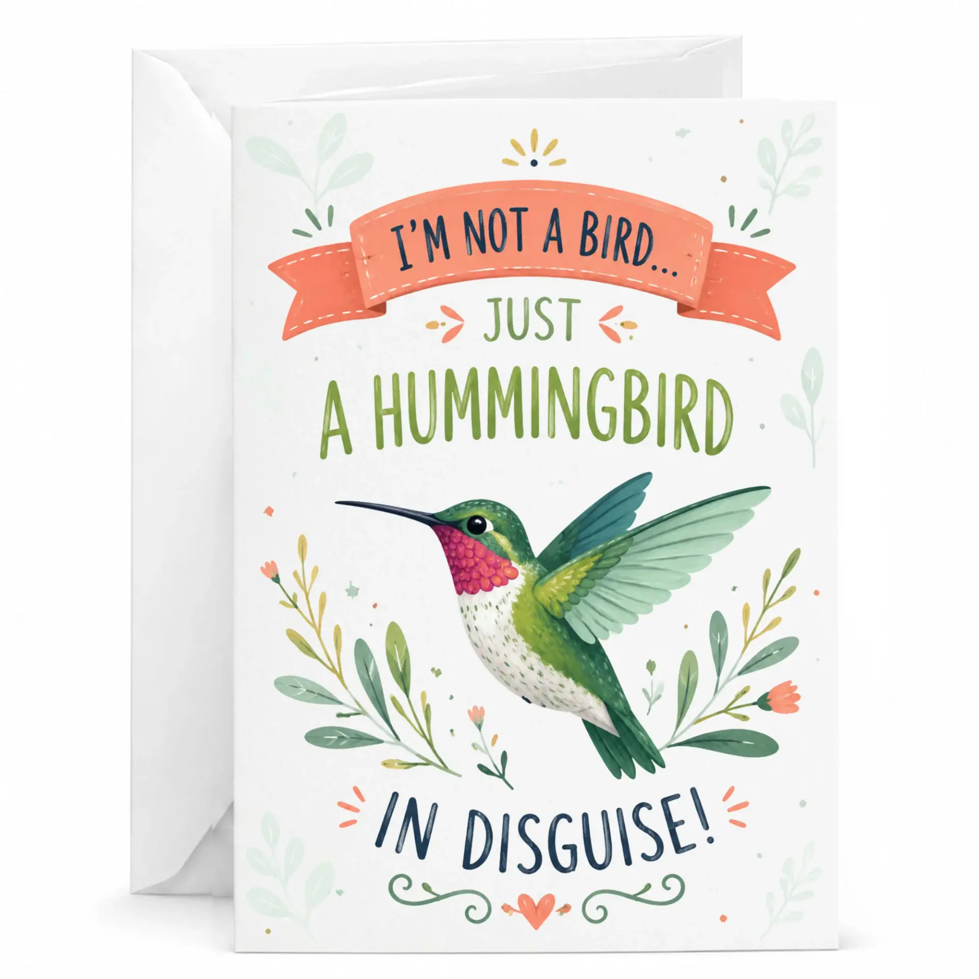 Funny Hummingbird Greeting Card Cute Bird Pun Illustration for Any Occasion Blank Folded Note with White Envelope