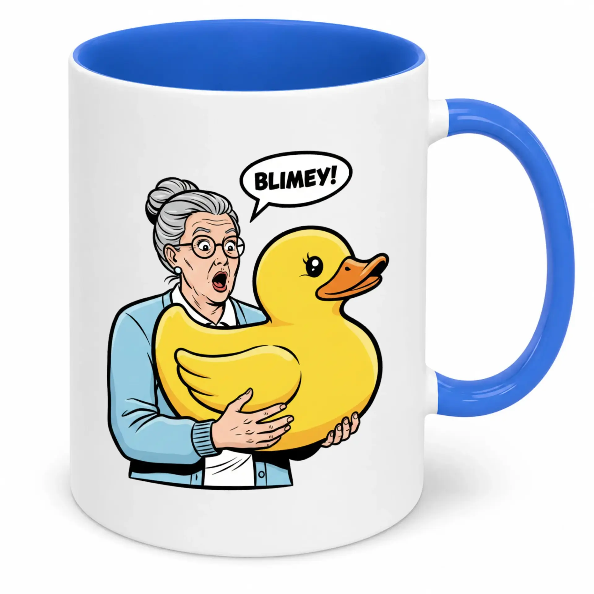 Funny Ceramic Coffee Mug Featuring Surprised Grandma Holding Rubber Duck Humorous Novelty Drinkware for Home Kitchen Office