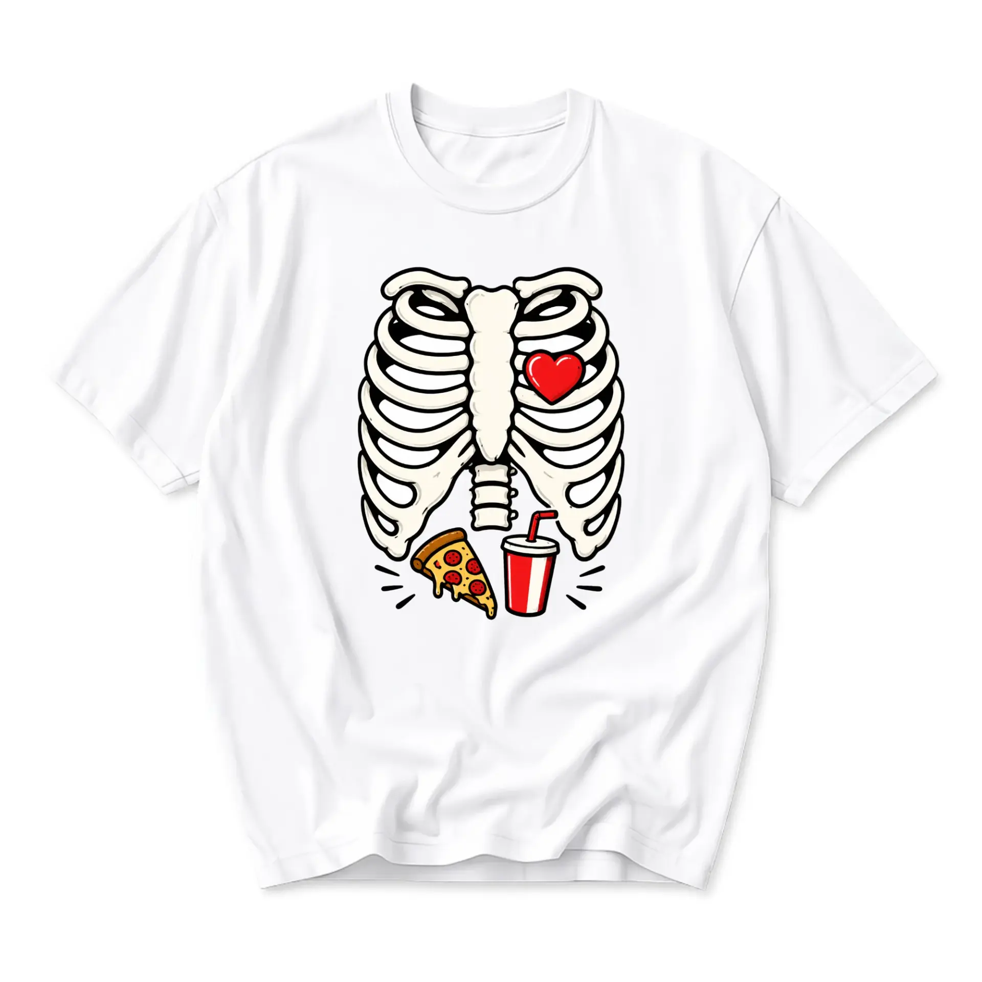 Funny Shirt Unisex Graphic Printed T-Shirt Featuring Skeleton Ribcage with Pizza and Drink Illustration White Tee