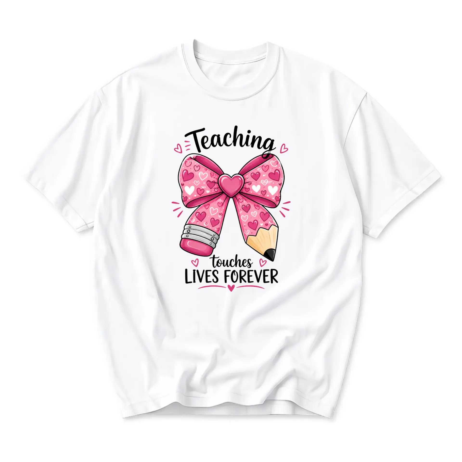 Graphic Tee Teaching Touches Lives Forever Pencil Bow Print Casual Unisex Crew Neck Comfortable Everyday Apparel