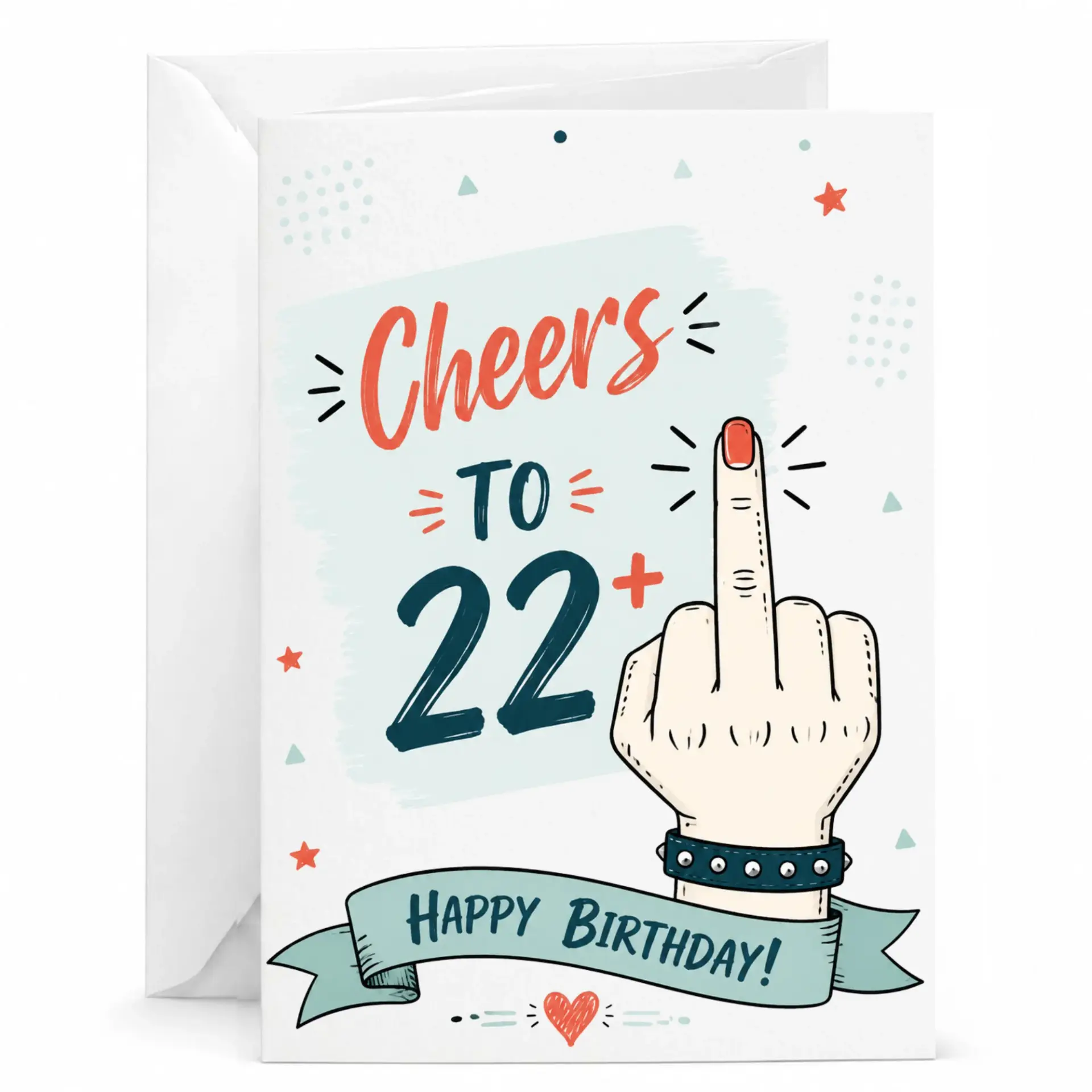 Funny Birthday Card Cheers to 22 Plus Middle Finger Illustration for Twenty Second Birthday Milestone Celebration Greeting