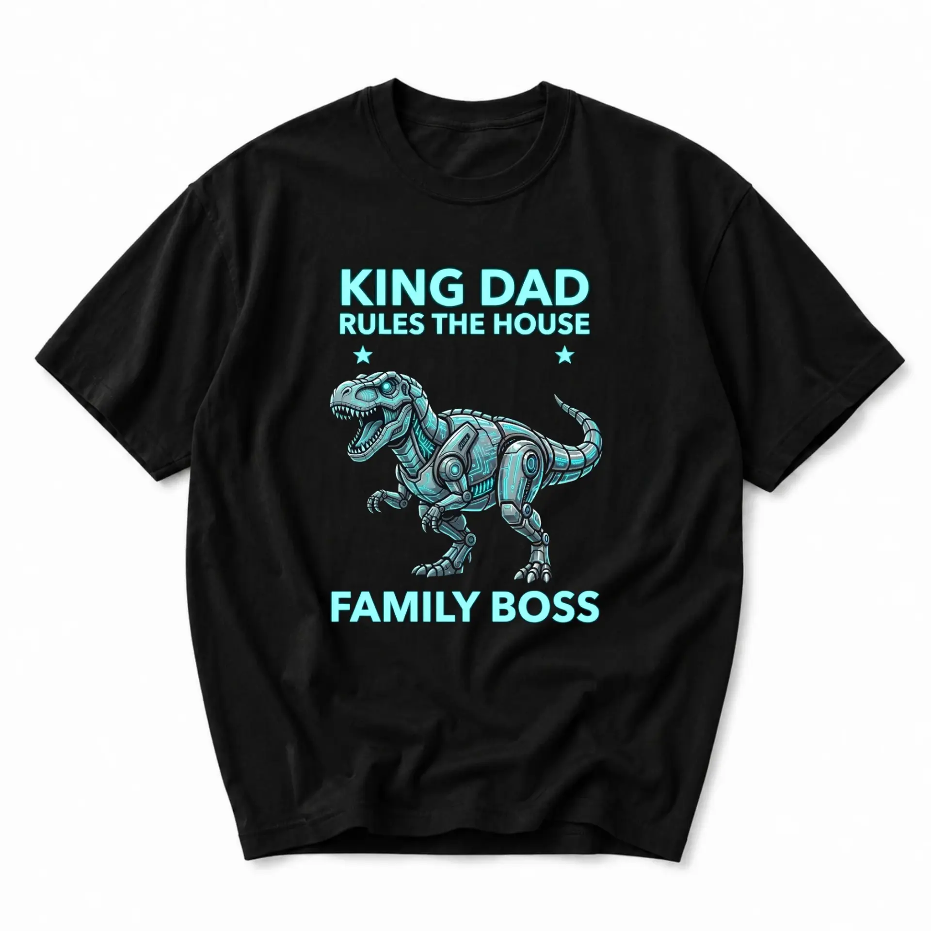 Funny Shirt King Dad Rules the Graphic Tee Featuring Robotic Dinosaur Illustration Unisex Casual Cotton Top