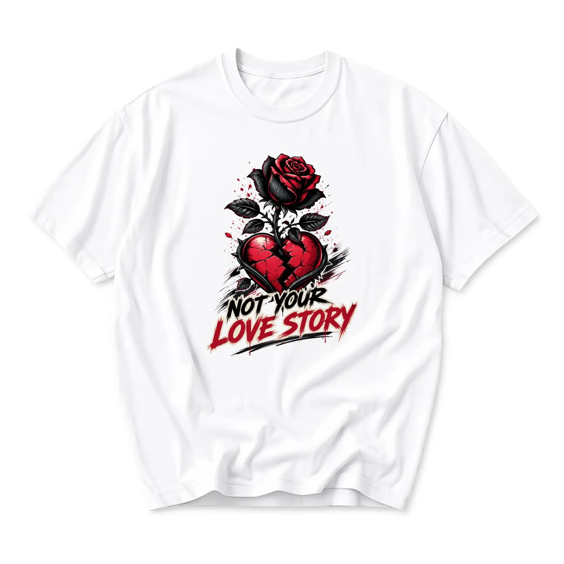 Graphic Tee Not Your Love Story Broken Heart and Rose Design Casual Unisex Crew Neck Comfortable Cotton Shirt