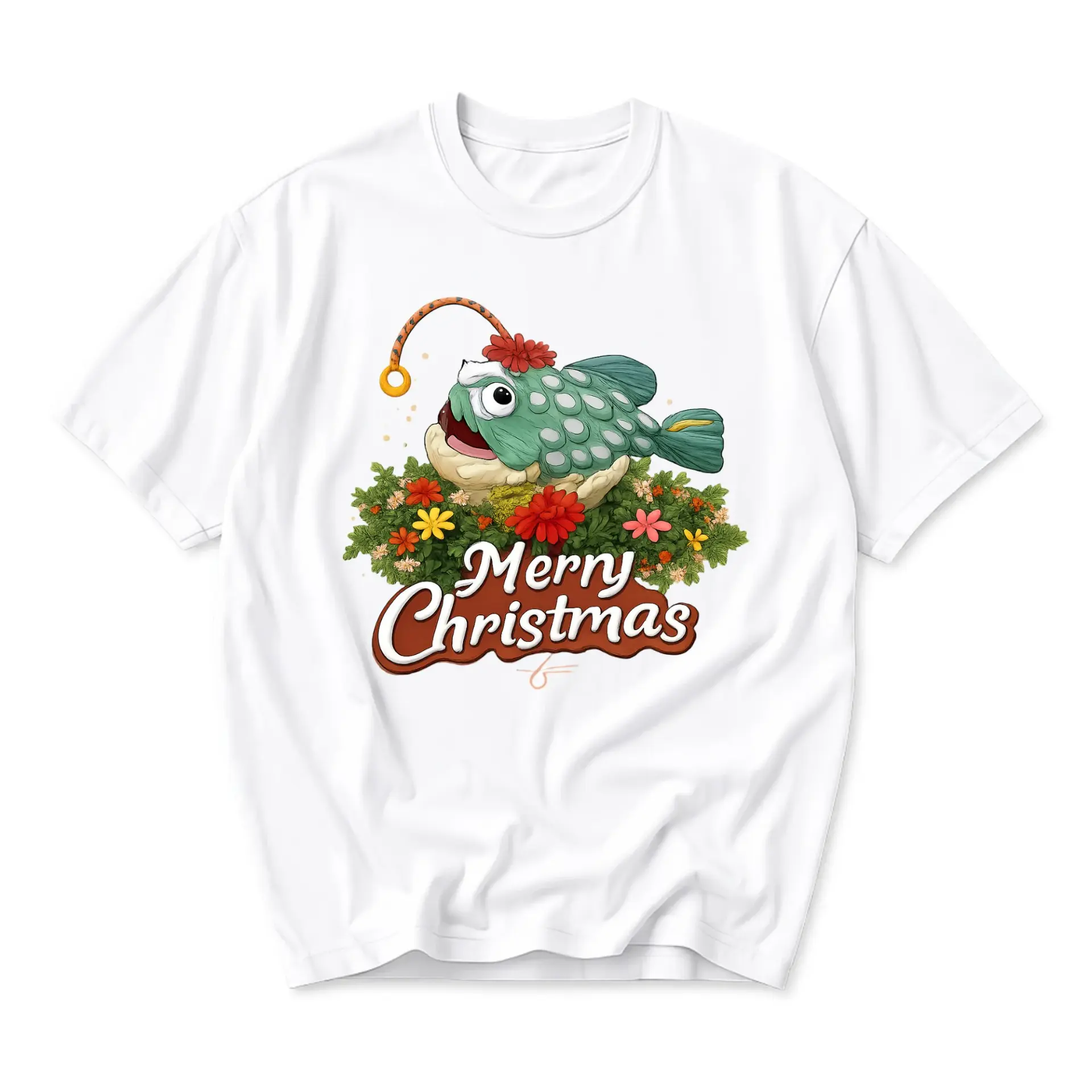Funny Shirt Merry Christmas Anglerfish Graphic Tee Unique Holiday Illustration Unisex Soft Crew Neck Cotton Apparel