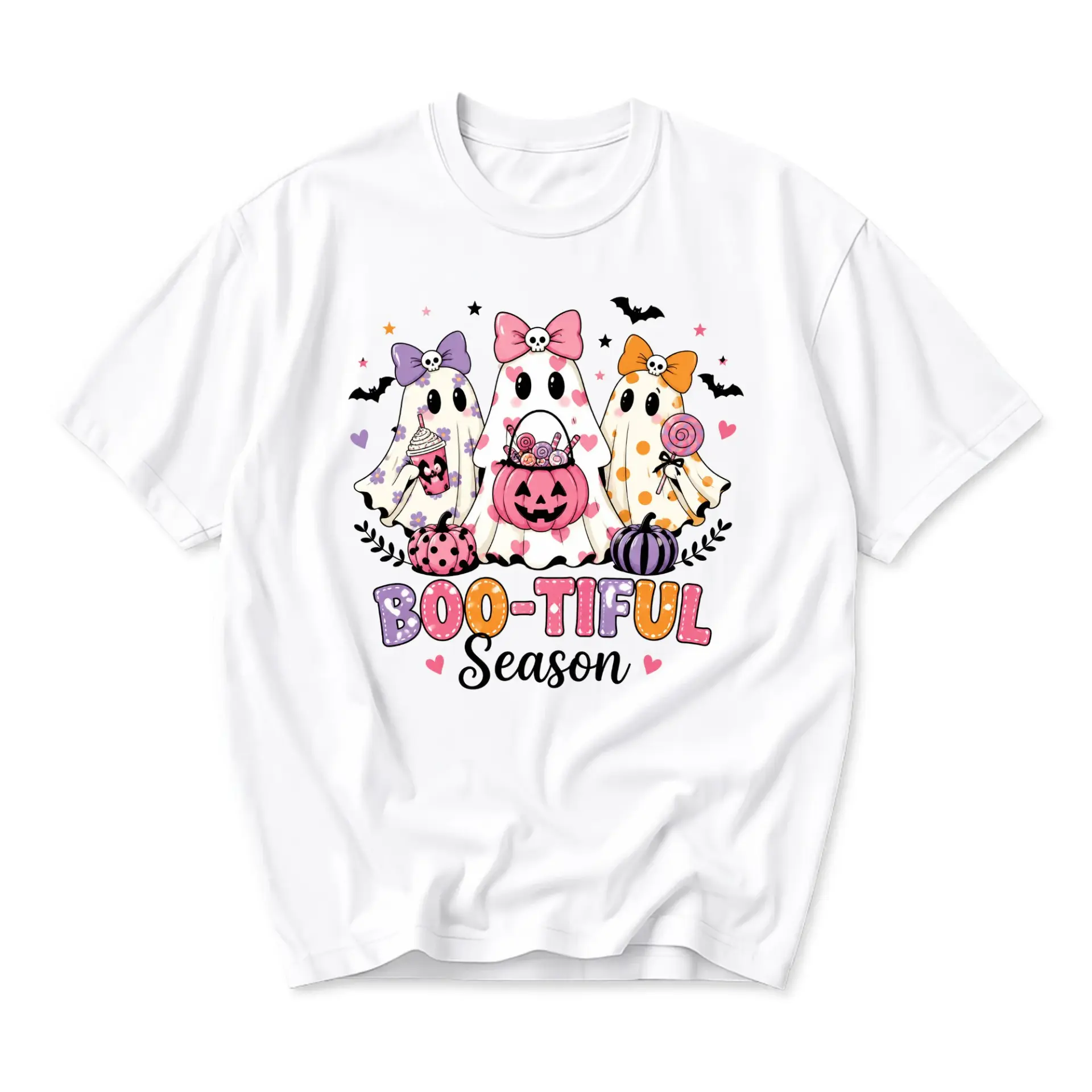 Funny Shirt Boo-Tiful Season Ghost Graphic Tee Retro Fall Aesthetic Unisex Casual Crew Neck T-Shirt for Autumn Holidays