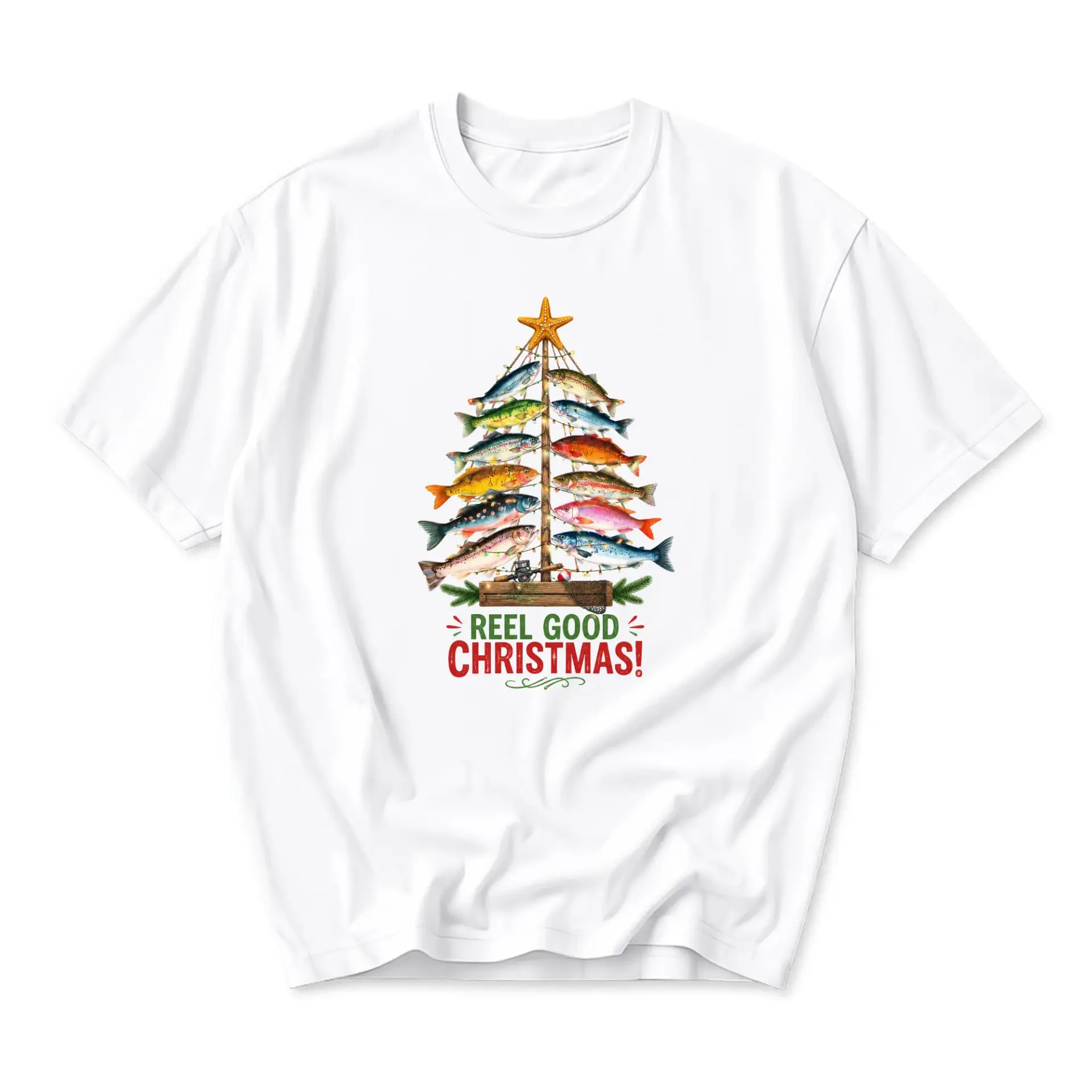 Graphic Tee Reel Good Christmas Fishing Tree Design Unisex Crew Neck Soft Cotton Casual Holiday Everyday Short Sleeve
