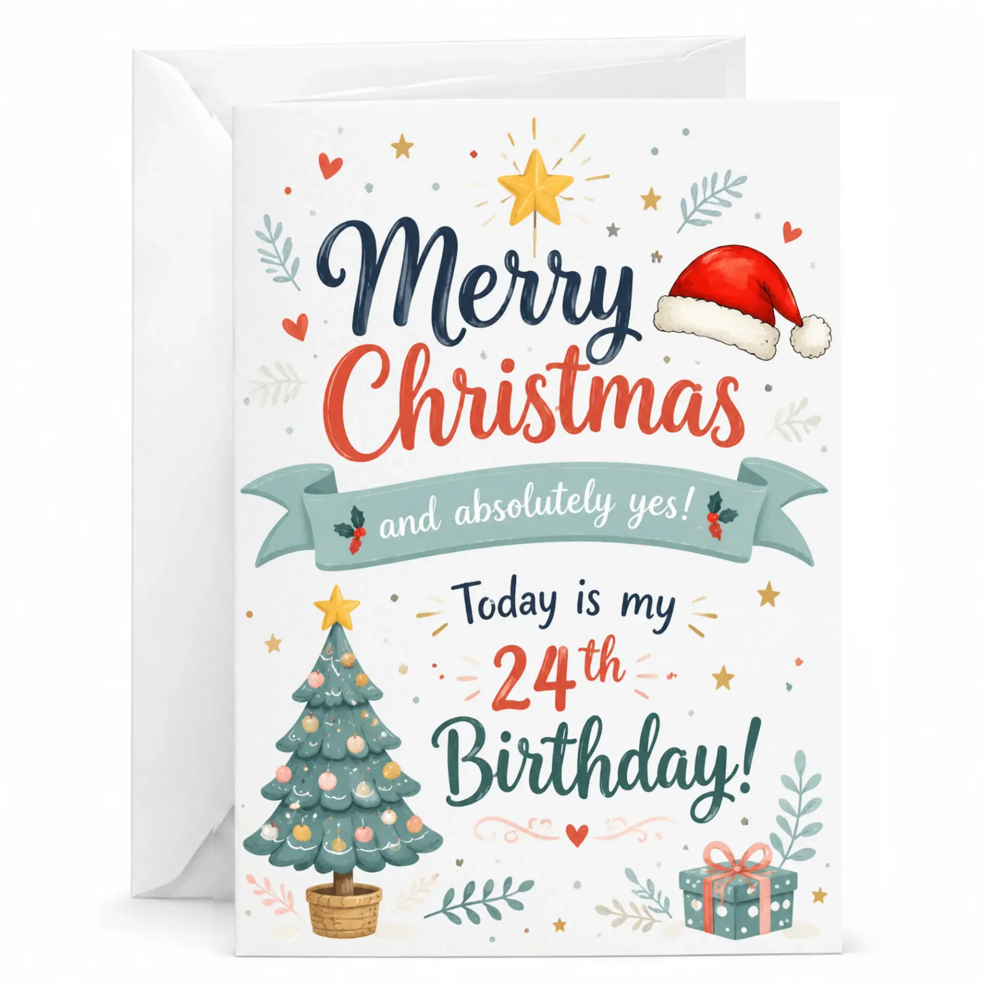 Funny Christmas Birthday Card, Merry Christmas and Absolutely Yes Today Is My 24th Birthday Greeting Card for December