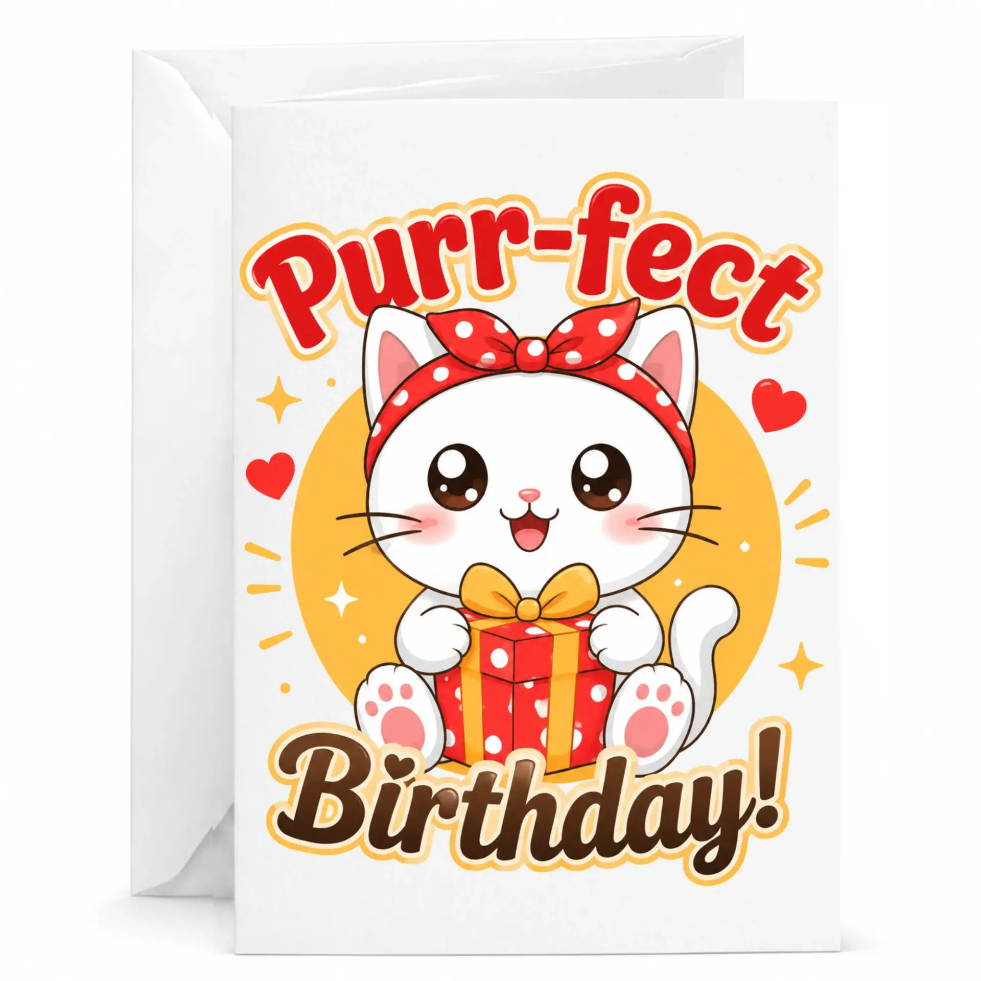 Funny Birthday Card Purr-Fect Birthday Greeting Card Featuring Cute Cat Illustration and Red Gift Box Design