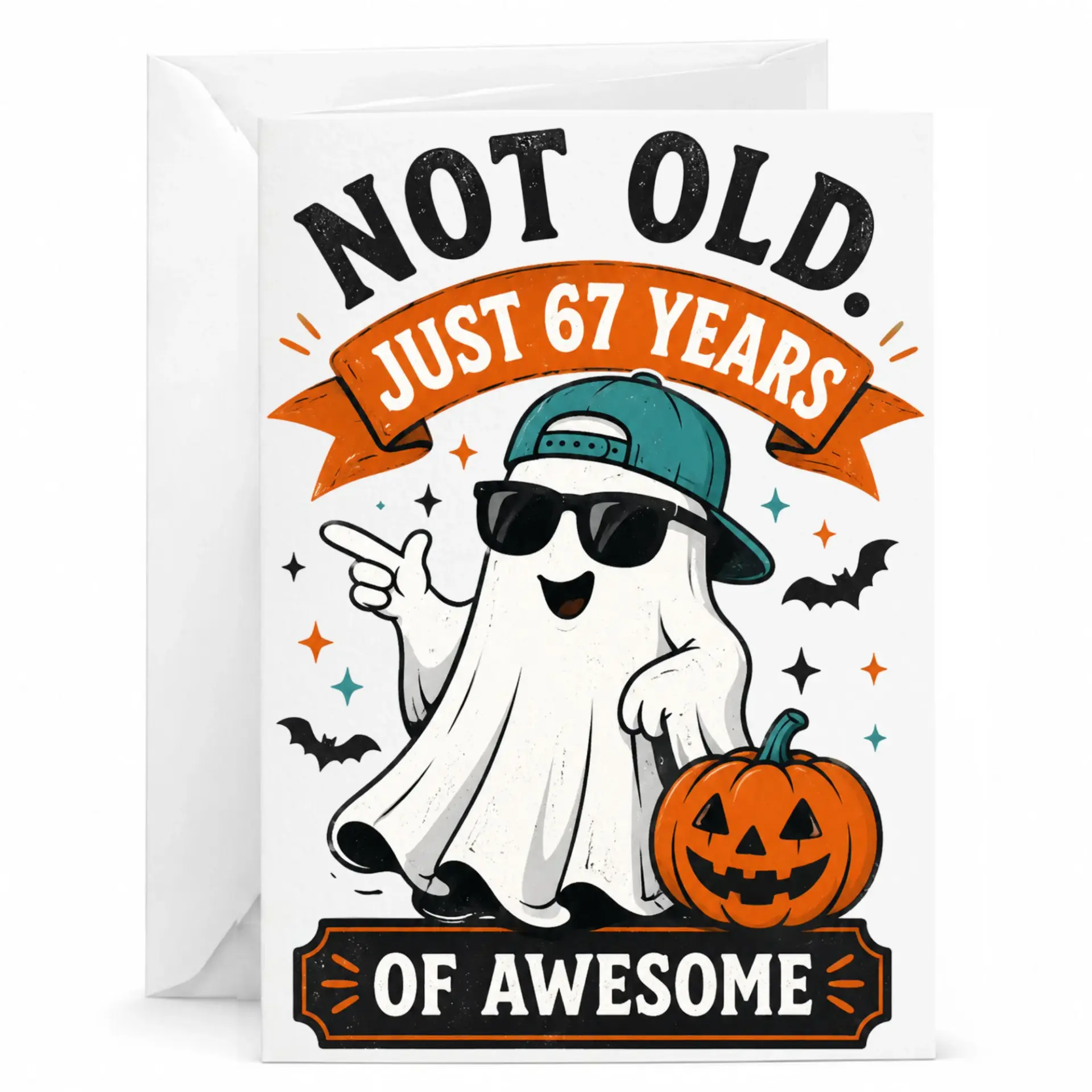 Funny 67th Birthday Card for Him or Her Cool with Sunglasses and Pumpkin Illustration Greeting