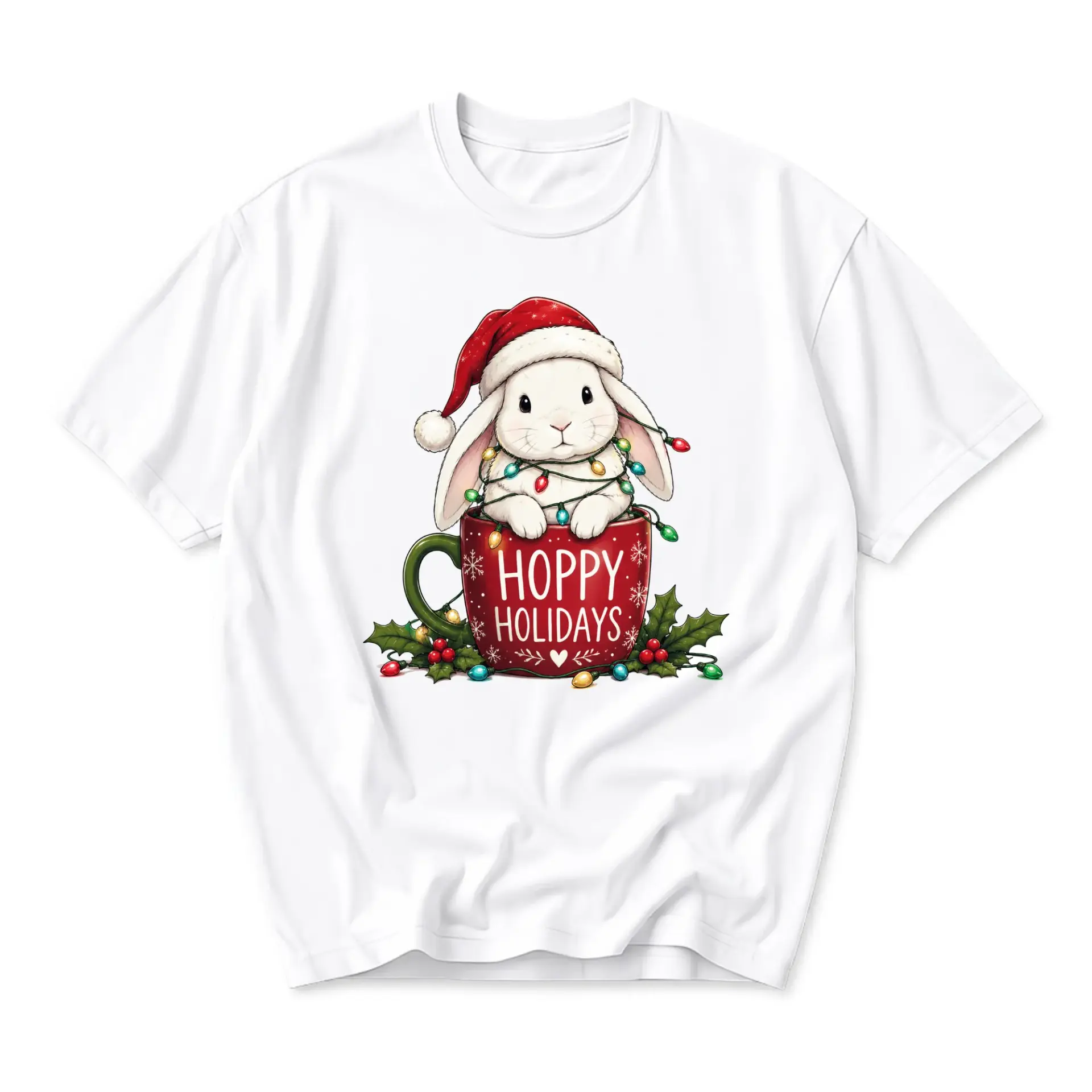 Funny Shirt Hoppy Holidays Christmas Bunny Unisex Graphic Printed T-Shirt