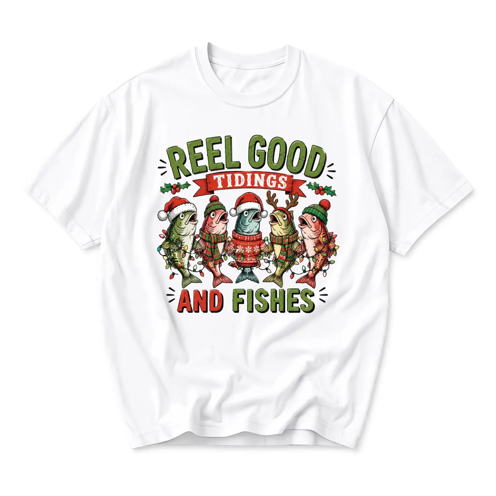 Funny Shirt Reel Good Tidings and Fishes Holiday Graphic Tee Unisex Casual